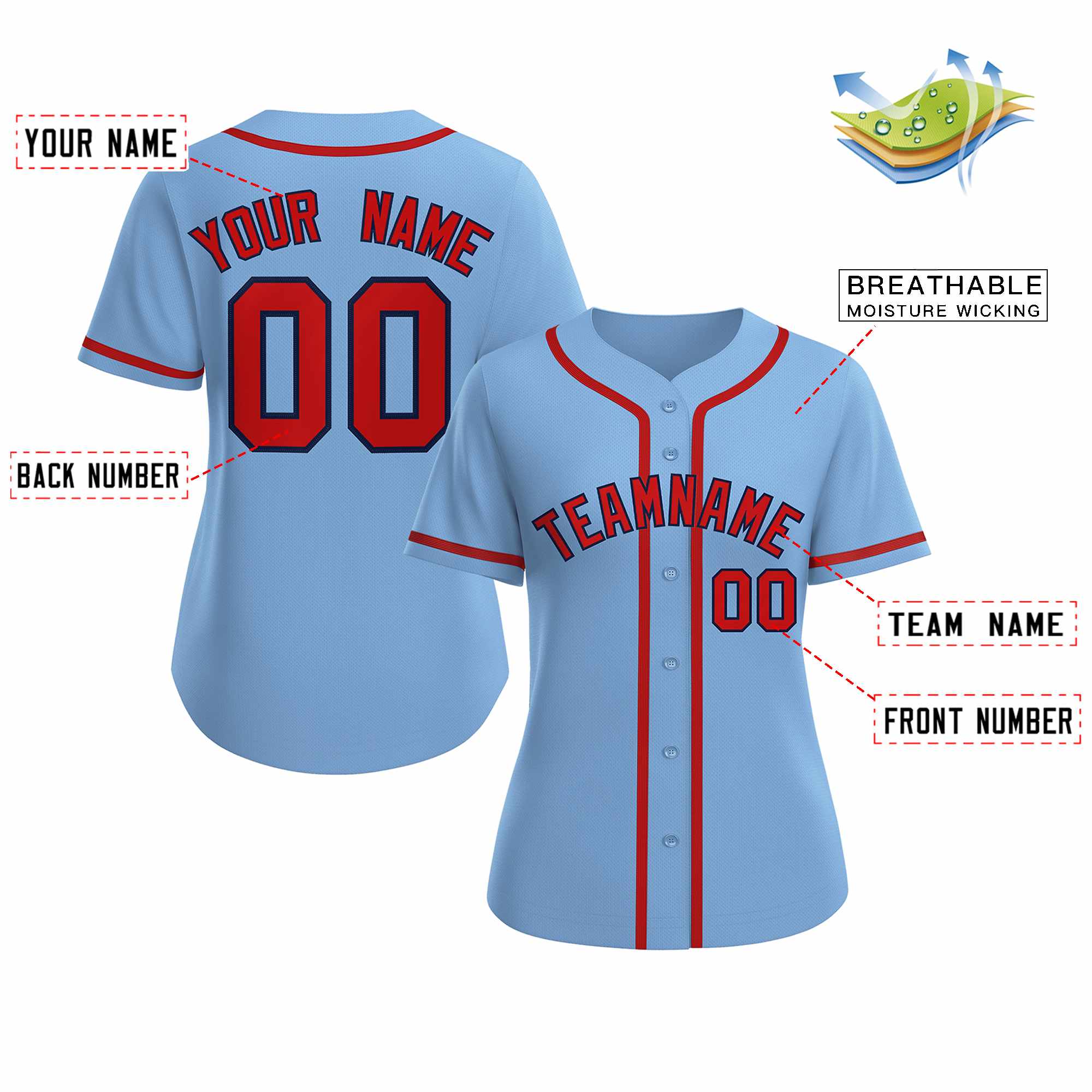 Maillot de baseball de style classique personnalisé bleu clair rouge marine pour femmes