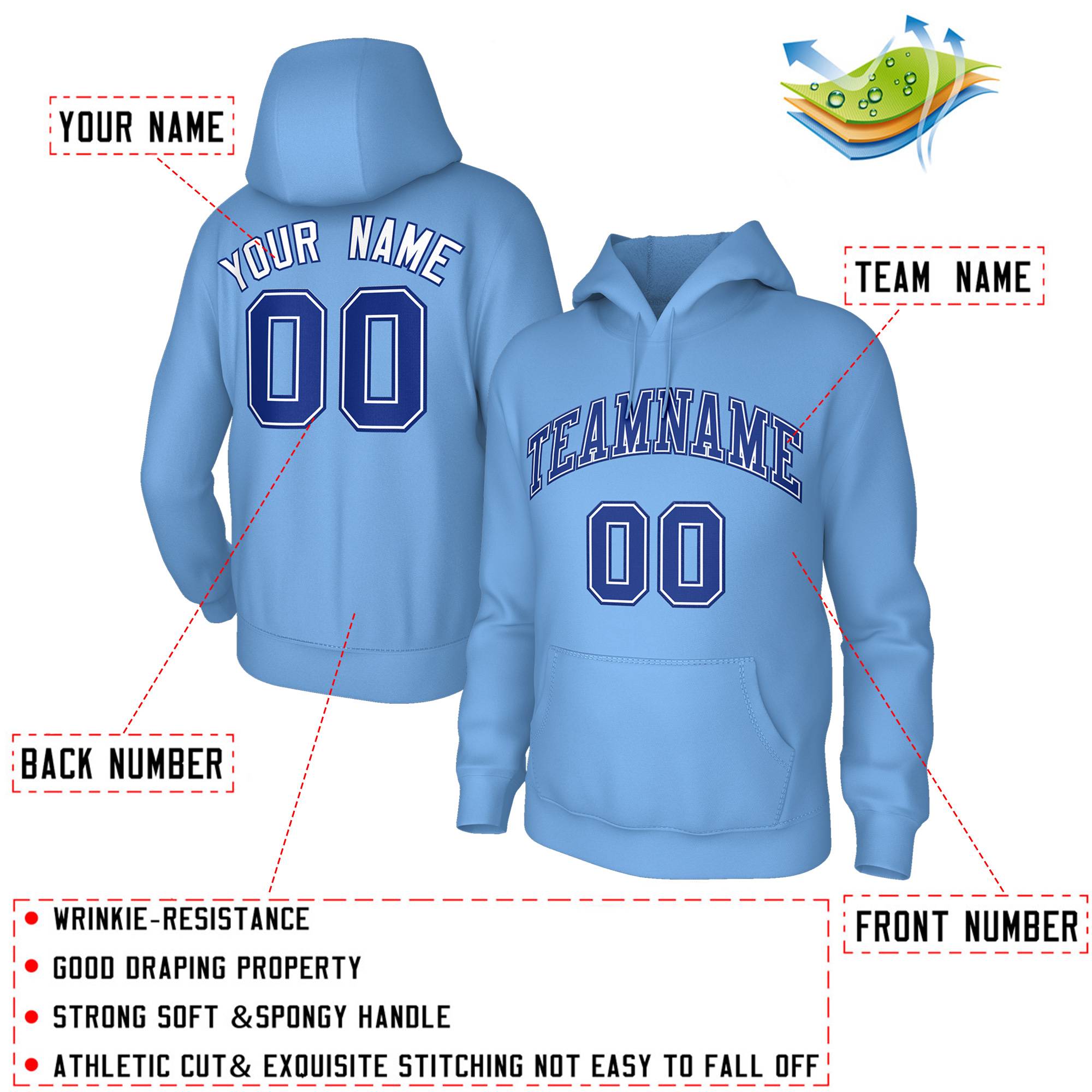 Custom Light Blue Royal-White Sports Classic Style Sweatshirt Fashion Hoodie Uniform