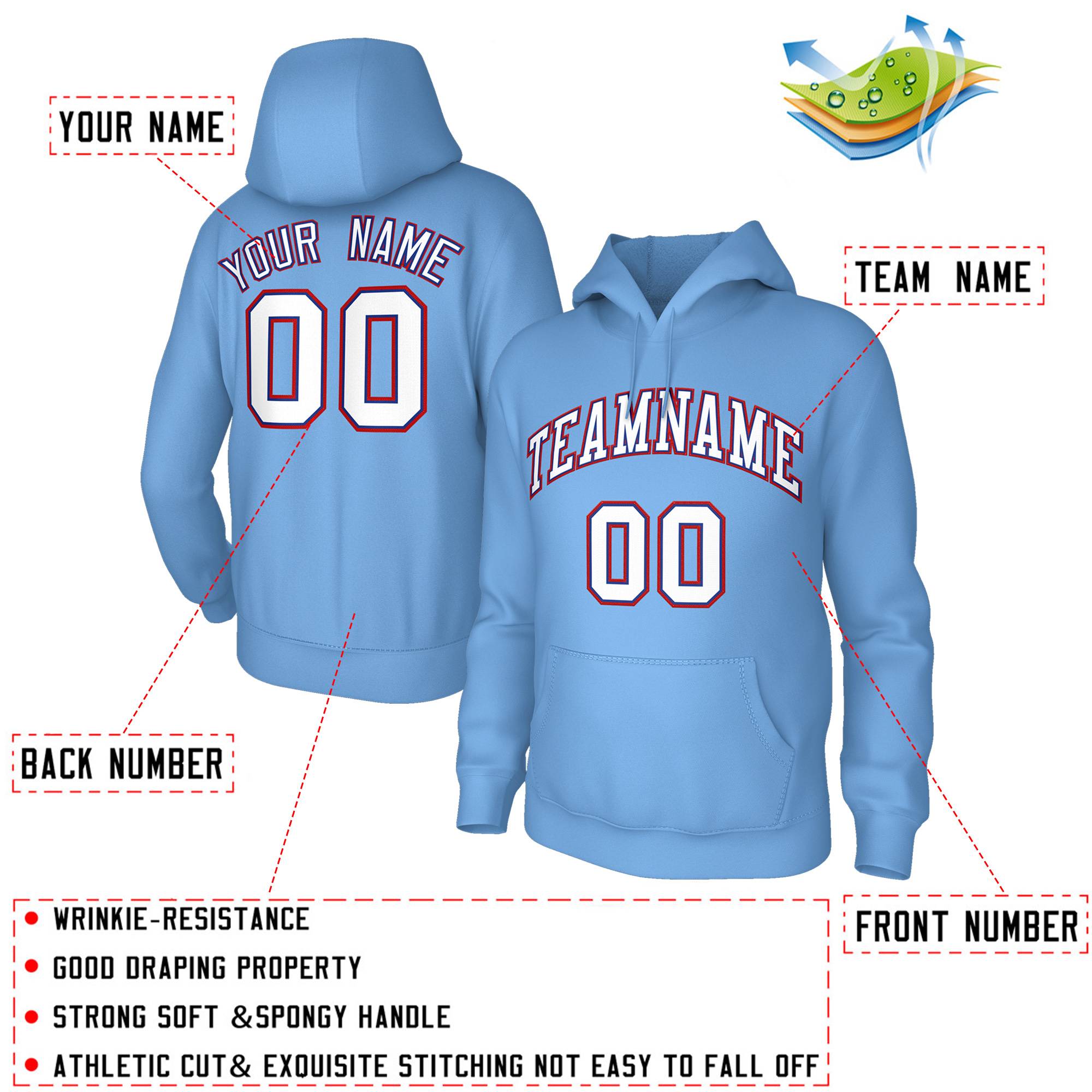 Custom Light Blue White-Red Sport Classic Style Pullover Fashion Hoodie Uniform