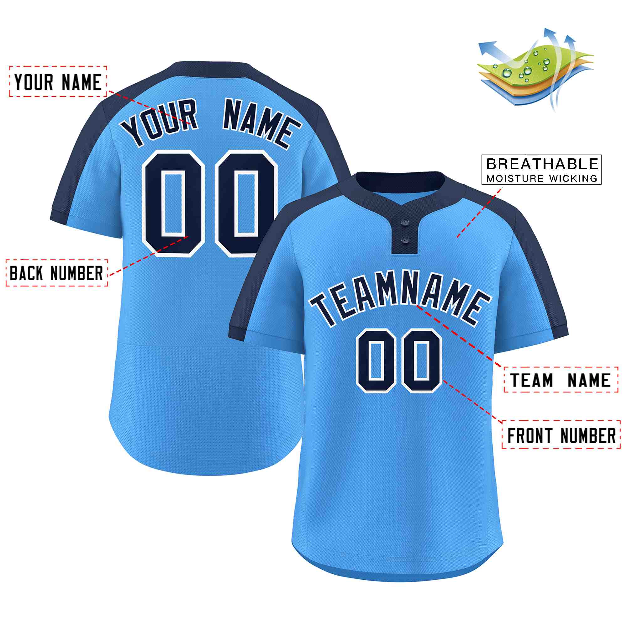 Custom Powder Blue Navy-White Classic Style Authentic Two-Button Baseball Jersey