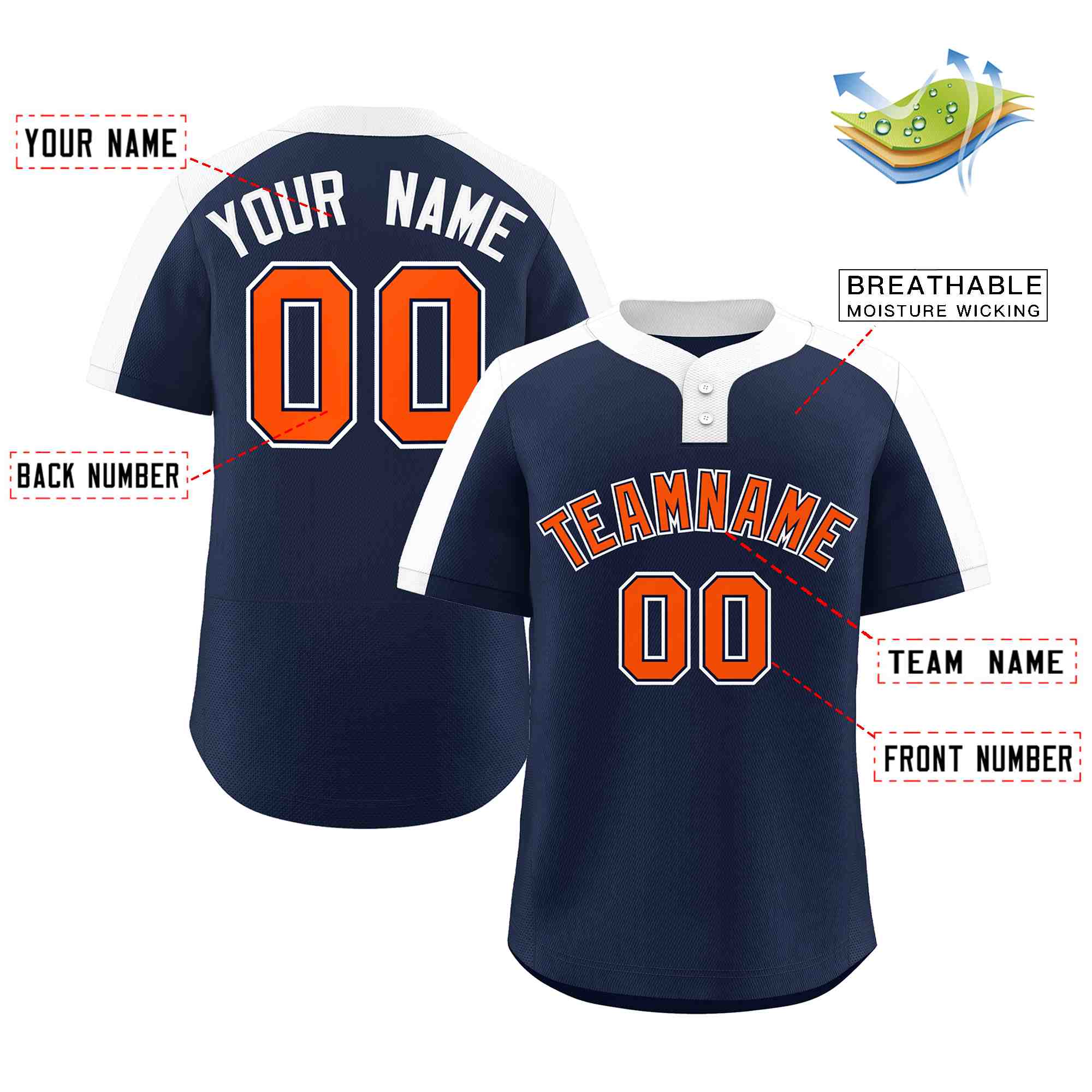 Maillot de baseball personnalisé à deux boutons, style classique, Orange-marine, personnalisé