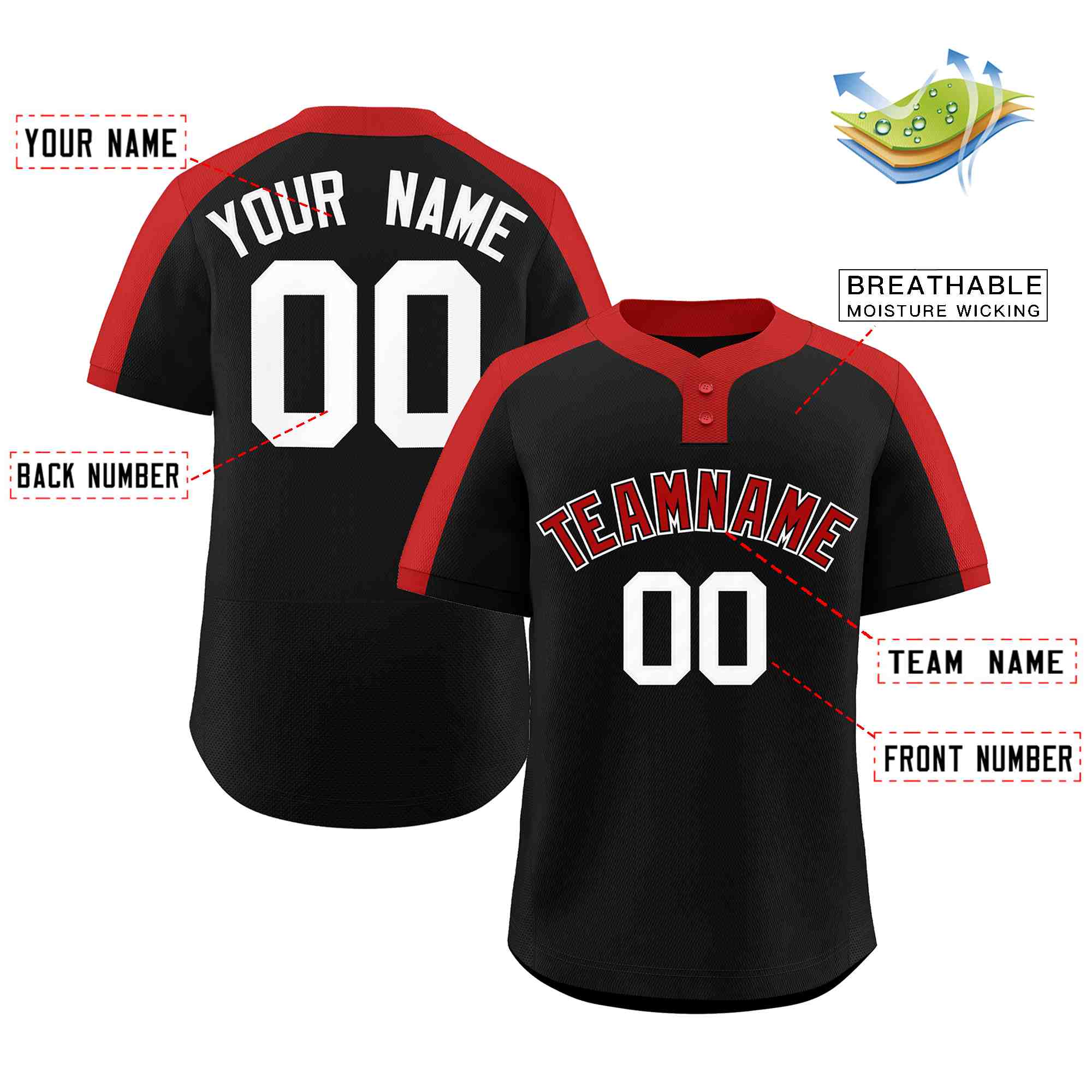 Custom Black Red-Black Classic Style Authentic Two-Button Baseball Jersey