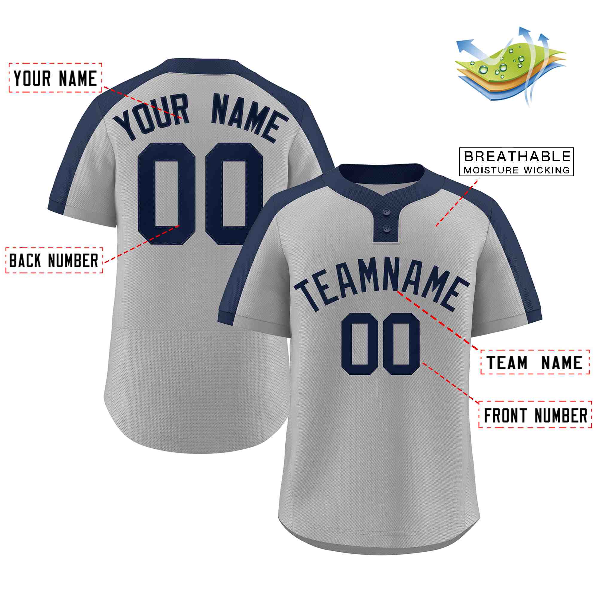 Maillot de baseball authentique à deux boutons de style classique gris marine personnalisé