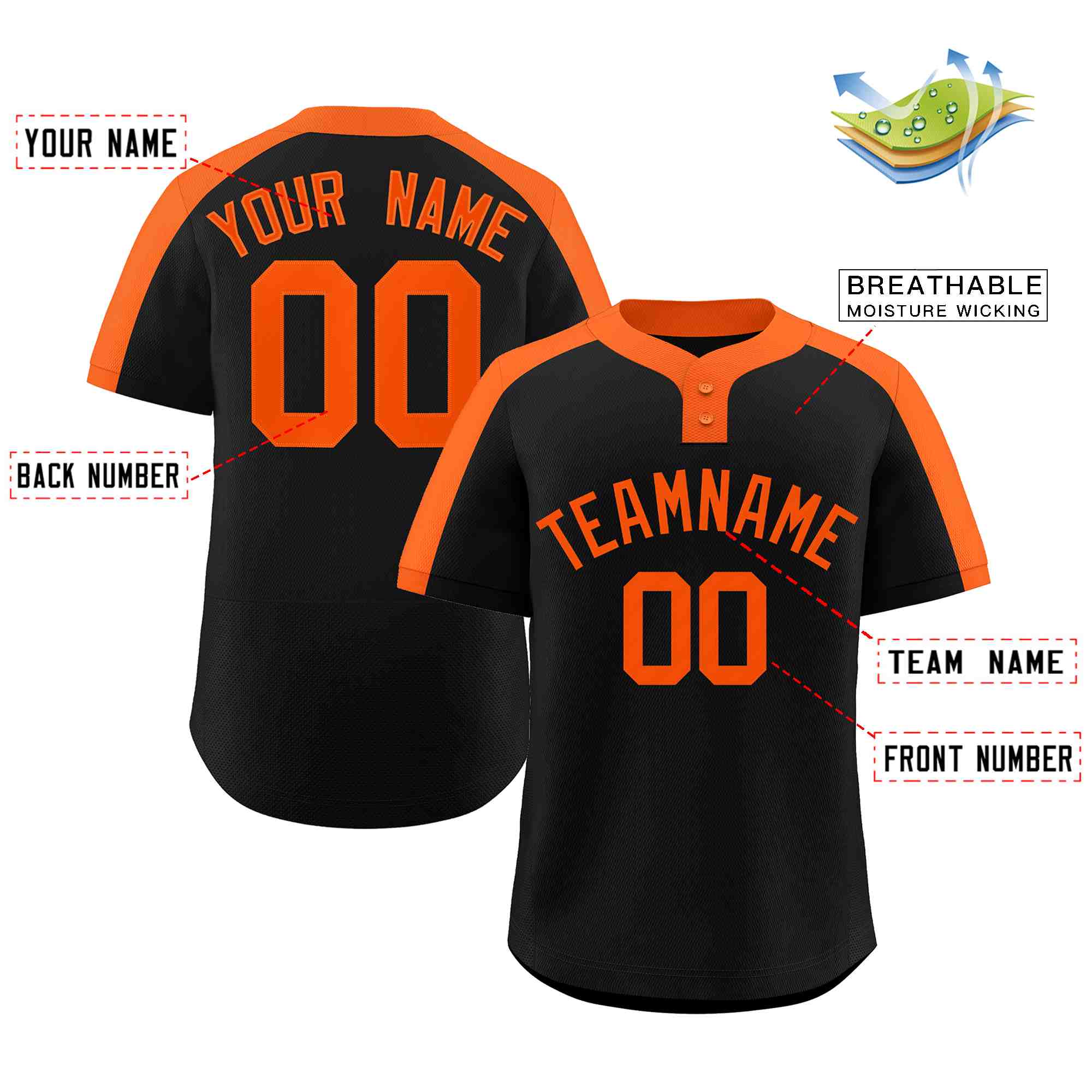 Maillot de baseball authentique à deux boutons, personnalisé, noir et orange, style classique