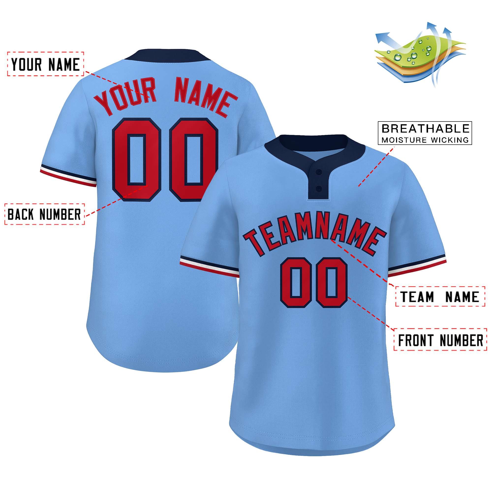 Custom Light Blue Red-Navy Classic Style Authentic Two-Button Baseball Jersey