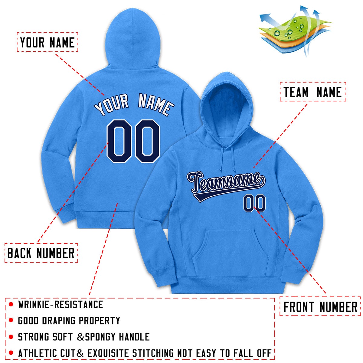 Custom Light Blue Navy-White Classic Style Sweatshirt Fashion Hoodie Uniform