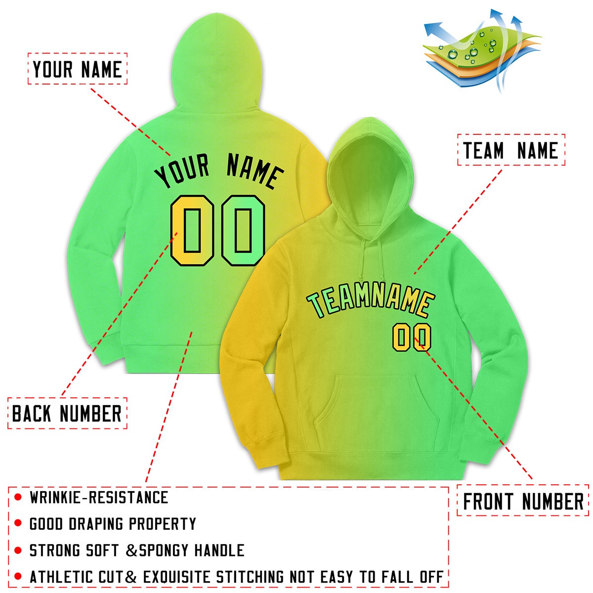 Custom Yellow Neon Green Gradient Fashion Casual Pullover Sweatshirt Hoodie