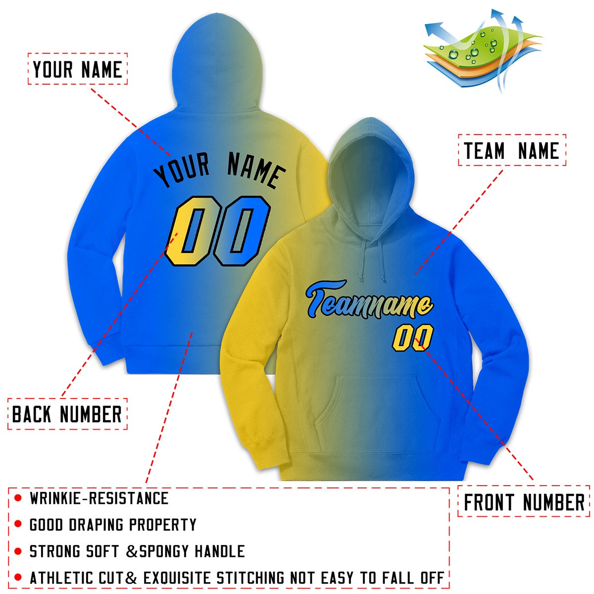 Custom Stitched Sportwear Yellow Royal Gradient Fashion Casual Pullover Hoodie