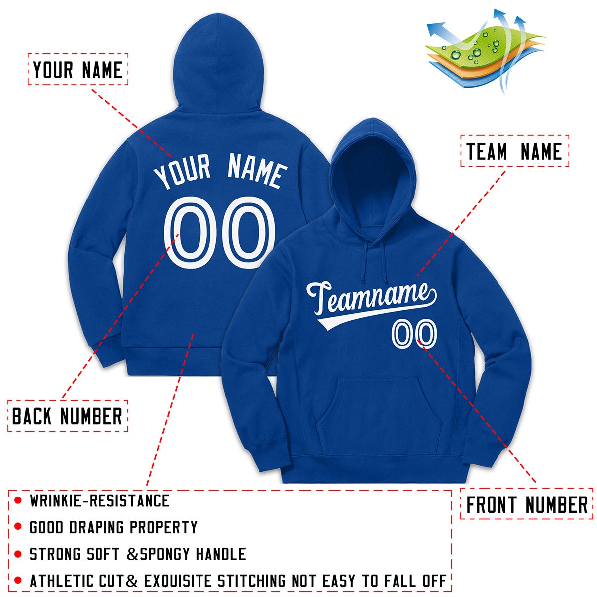 Custom Royal White Classic Style Pullover Fashion Hoodie Uniform