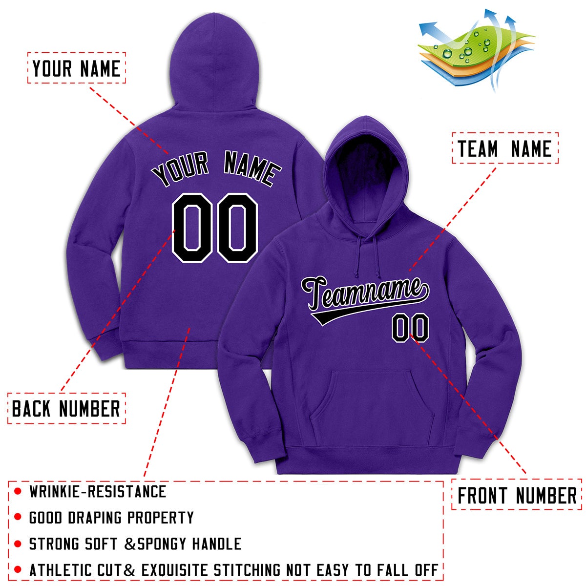 Custom Purple Black-White Classic Style Pullover Fashion Hoodie Uniform