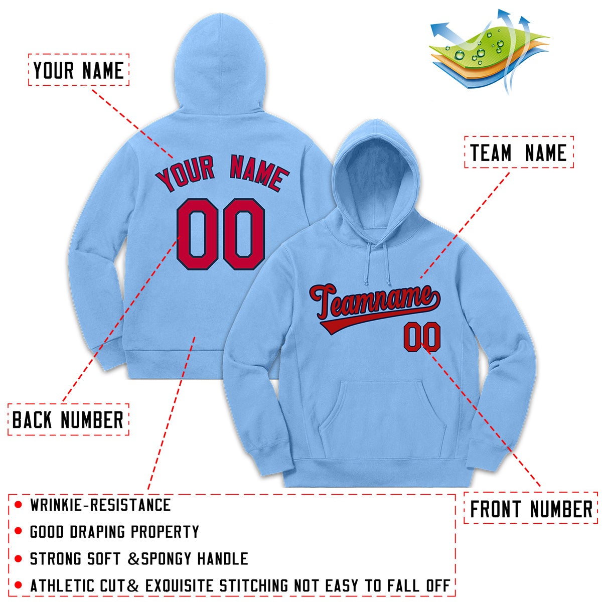 Custom Light Blue Red-Black Sport Classic Style Sweatshirt Fashion Hoodie Uniform