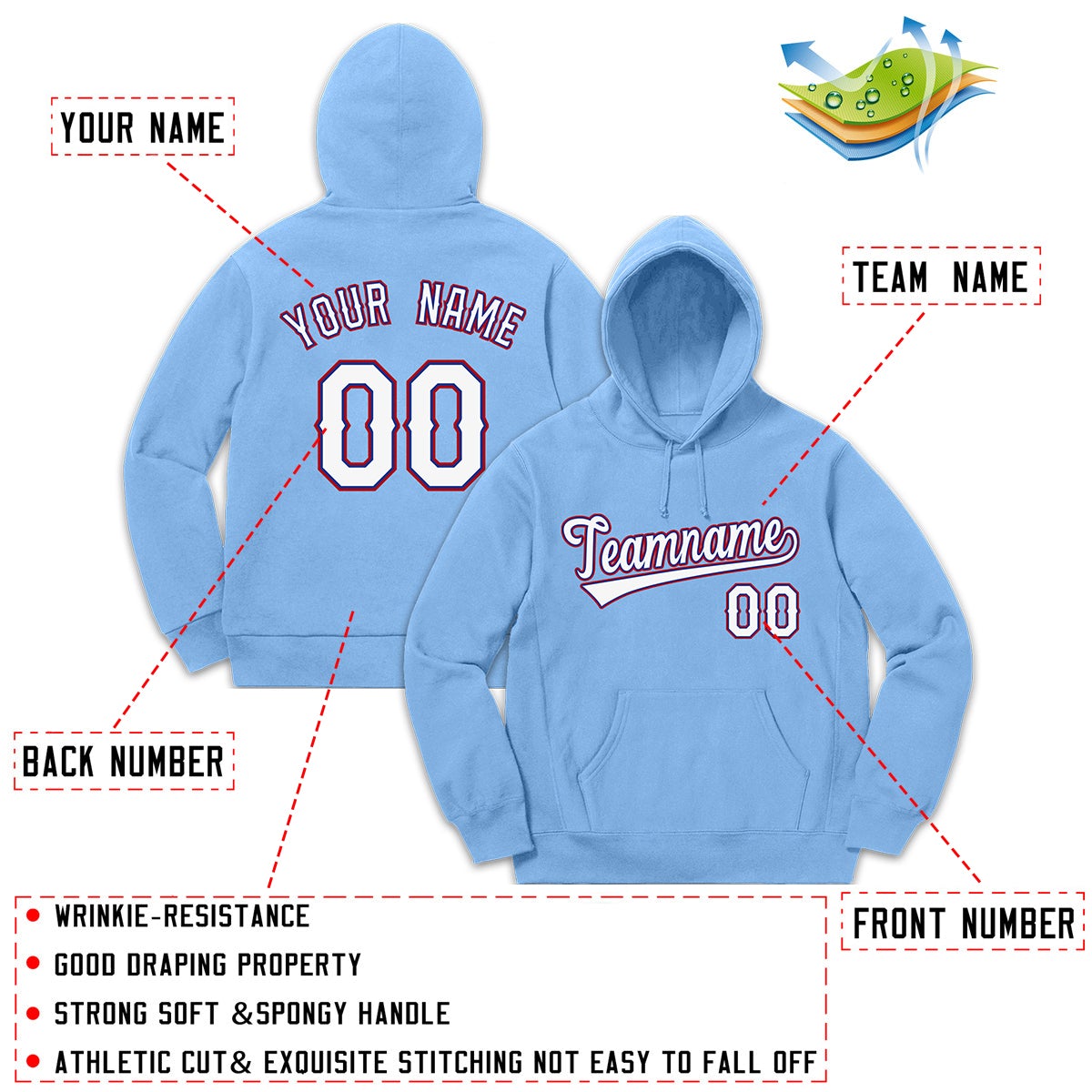 Custom Light Blue White Classic Style Sweatshirt Fashion Hoodie Uniform