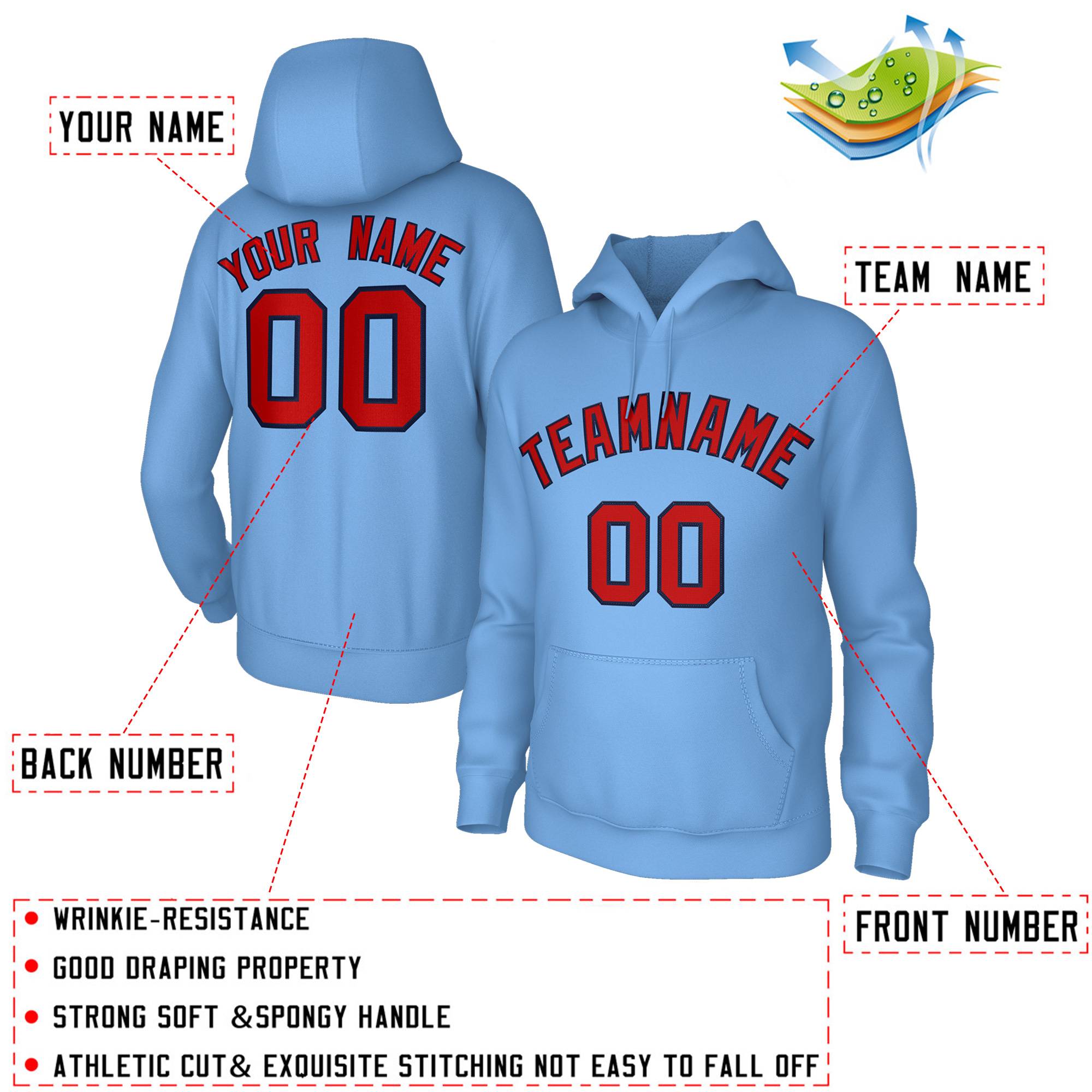 Custom Stitched Light Blue Red-Black Classic Style Hoodie Training Uniform