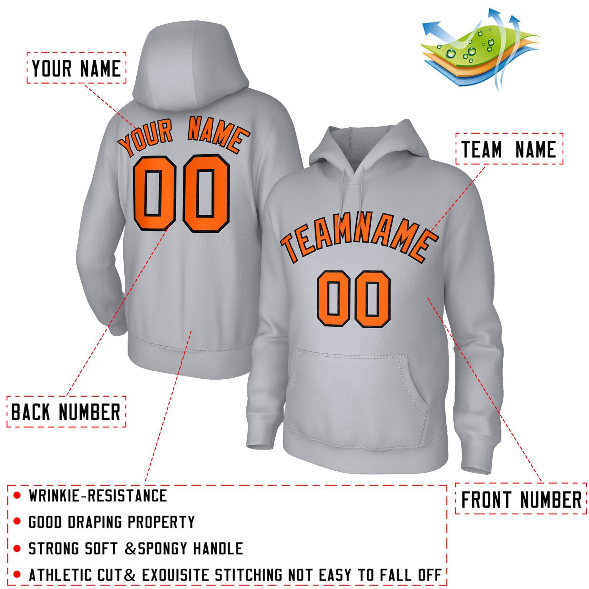 Custom Stitched Gray Orange-Black Classic Style Hoodie Training Uniform