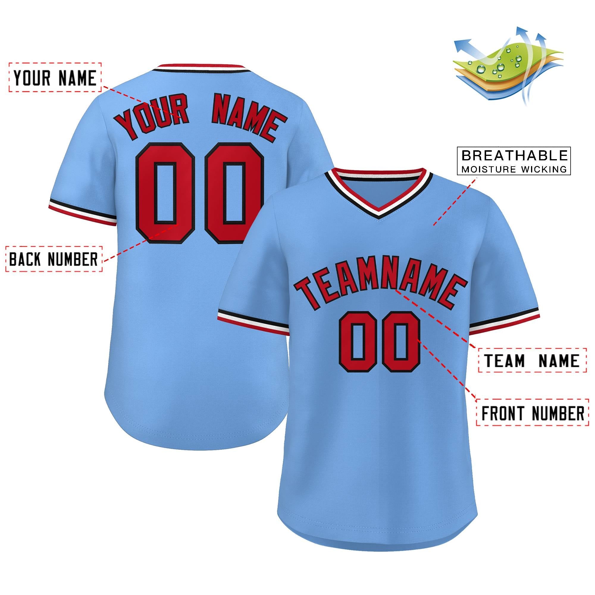 Maillot de baseball personnalisé, bleu clair, rouge et blanc, style classique, pull authentique personnalisé