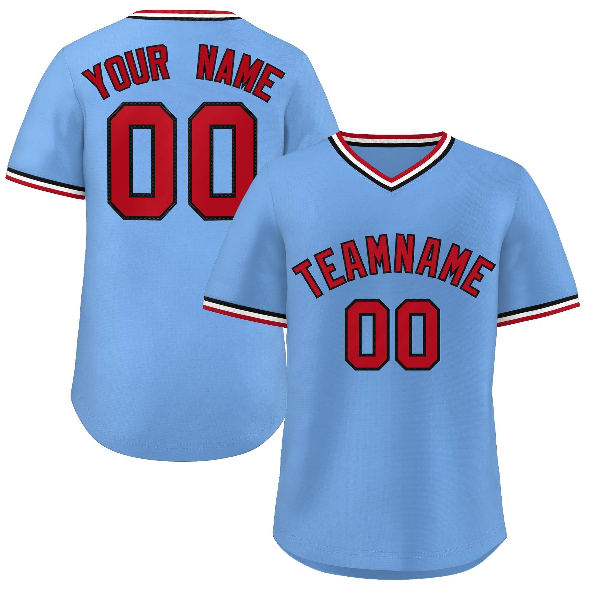 Maillot de baseball personnalisé, bleu clair, rouge et blanc, style classique, pull authentique personnalisé