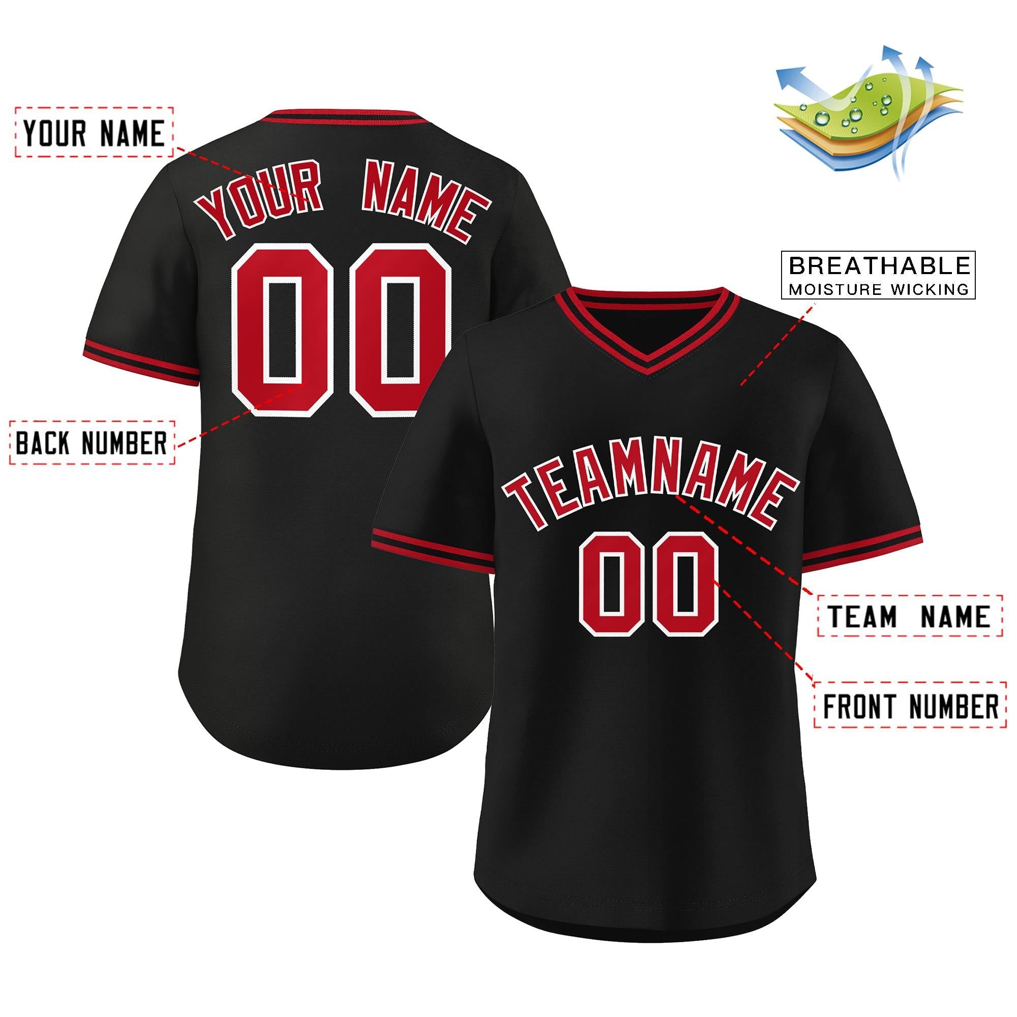 Maillot de baseball personnalisé, pull authentique, personnalisé, noir, rouge-noir, style classique