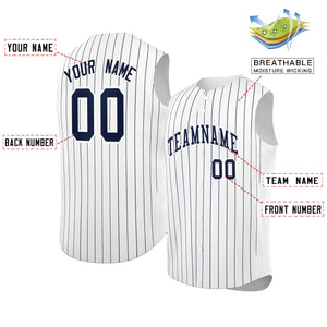 Custom White Navy-White Sleeveless Stripe Fashion Baseball Jersey