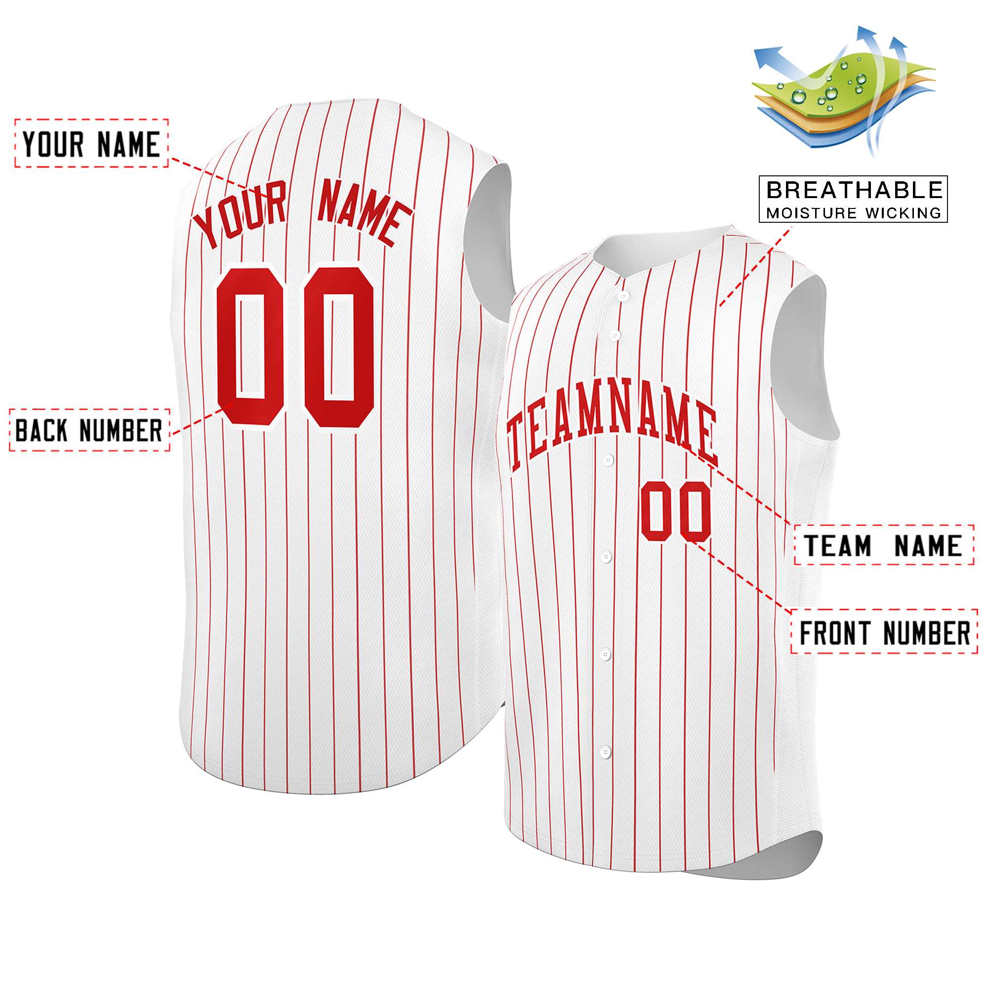 Custom White Red-White Sleeveless Stripe Fashion Baseball Jersey