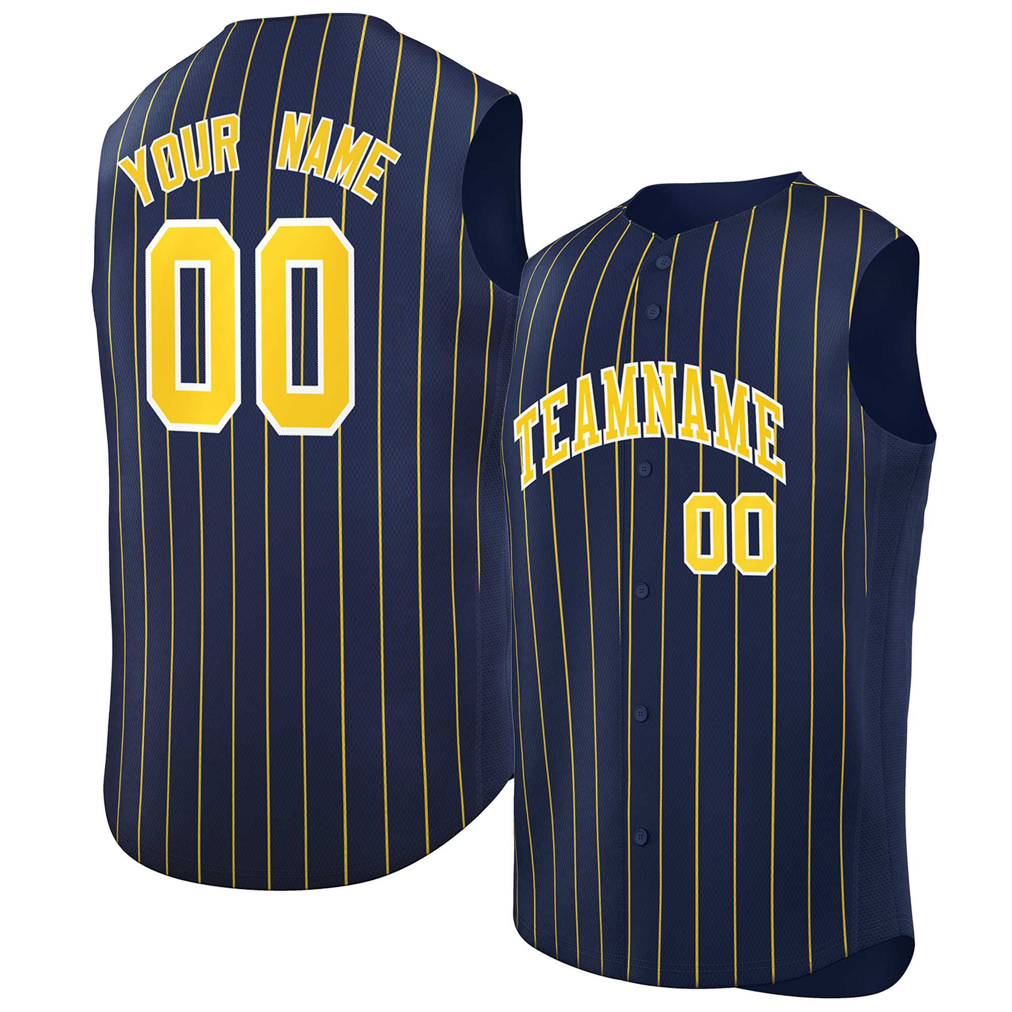 Custom Navy Gold-White Sleeveless Stripe Fashion Baseball Jersey