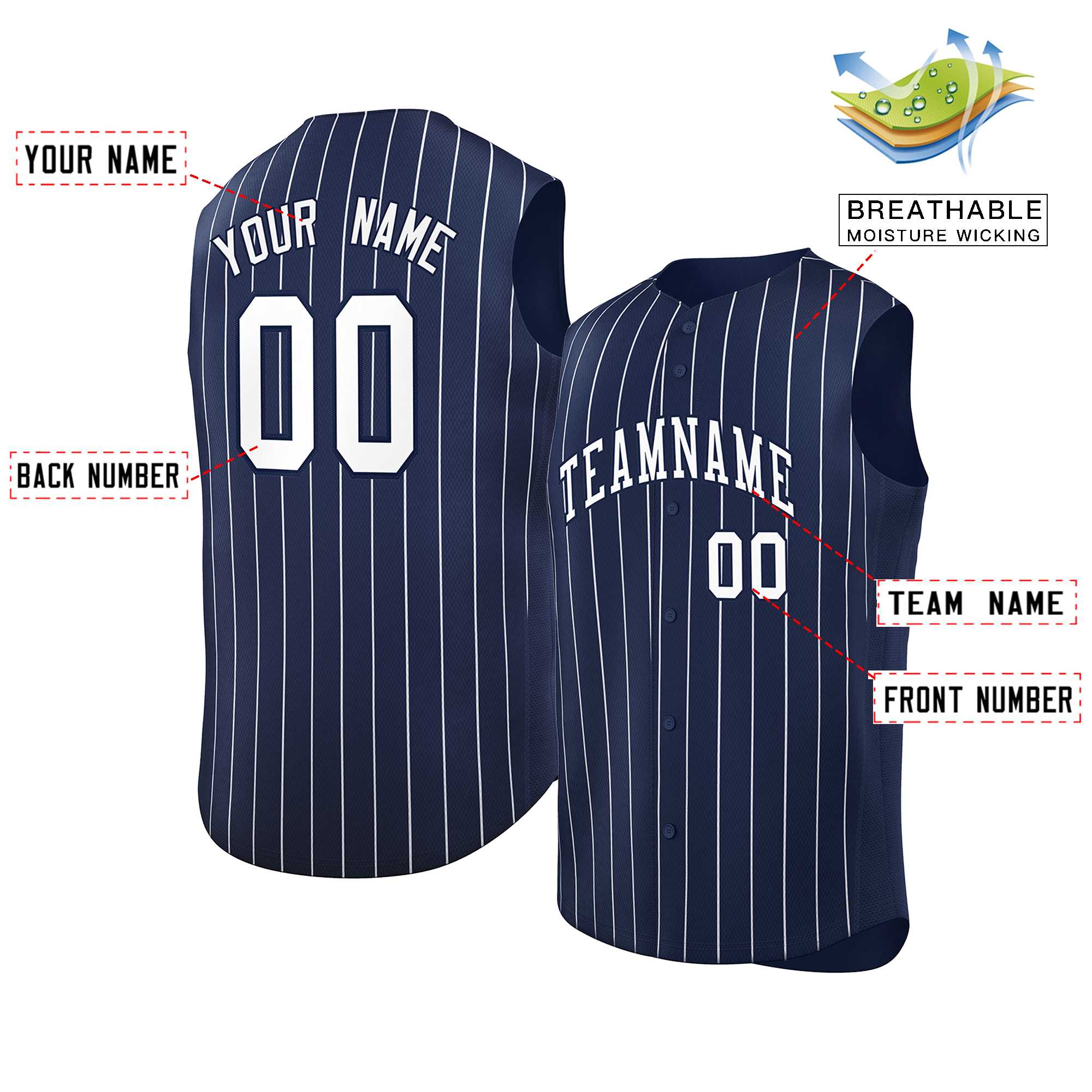 Custom Navy White-Navy Sleeveless Stripe Fashion Baseball Jersey