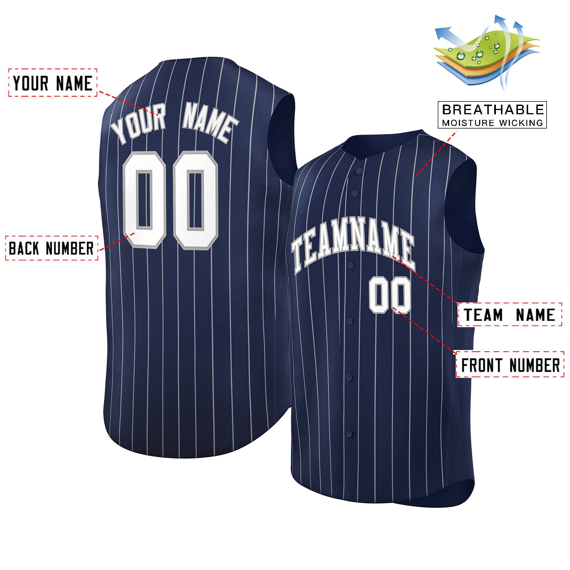 Custom Navy White-Gray Sleeveless Stripe Fashion Baseball Jersey