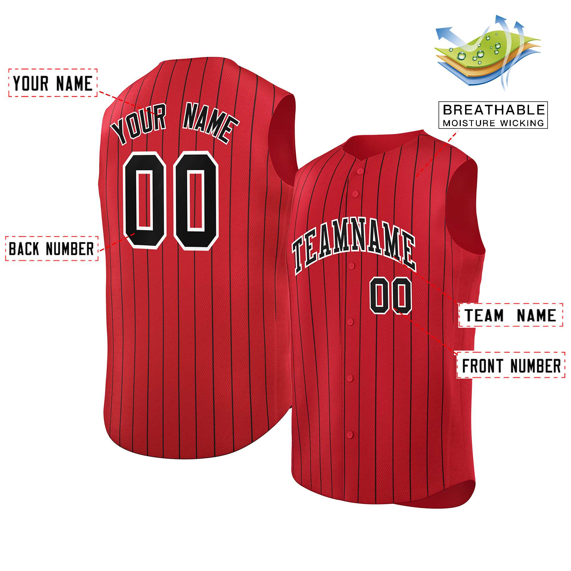 Maillot de baseball à rayures sans manches, personnalisé, rouge, noir et blanc, à la mode