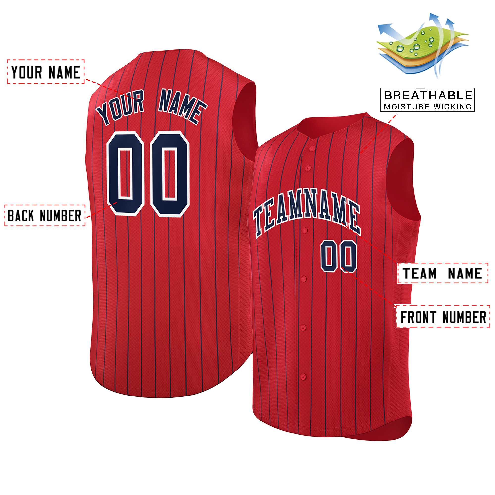 Maillot de baseball à rayures sans manches, personnalisé, rouge, bleu marine et blanc, à la mode