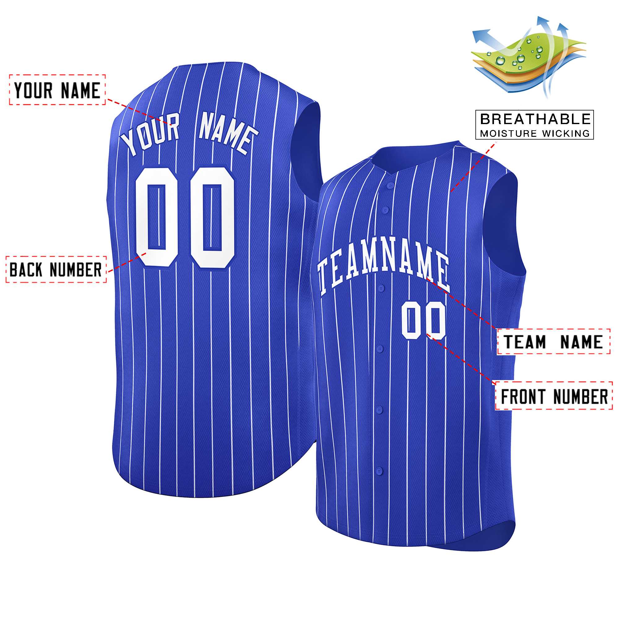 Maillot de baseball personnalisé à rayures sans manches Royal White-Royal