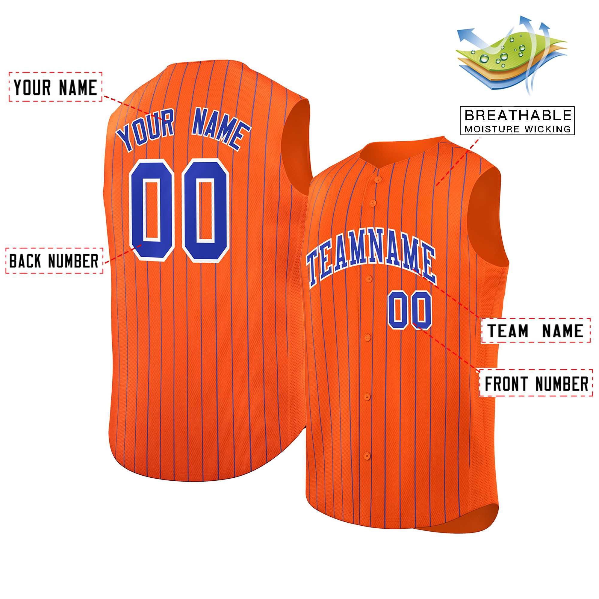 Maillot de baseball à rayures sans manches, personnalisé, Orange Royal-blanc, à la mode