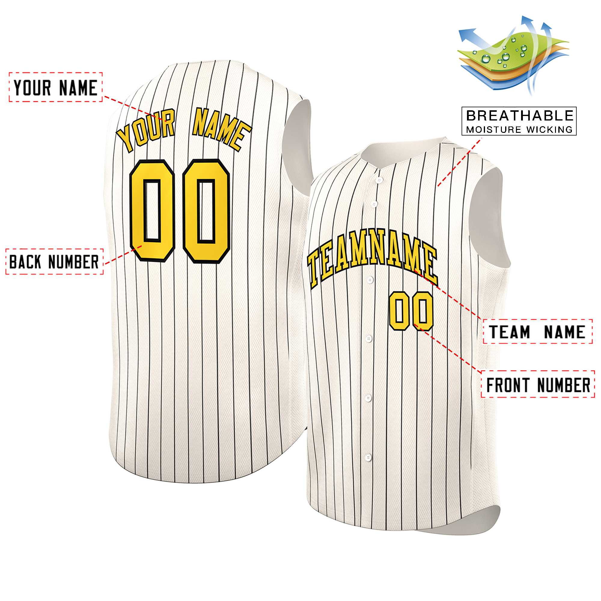 Maillot de baseball à rayures sans manches, personnalisé, crème, or et noir, à la mode