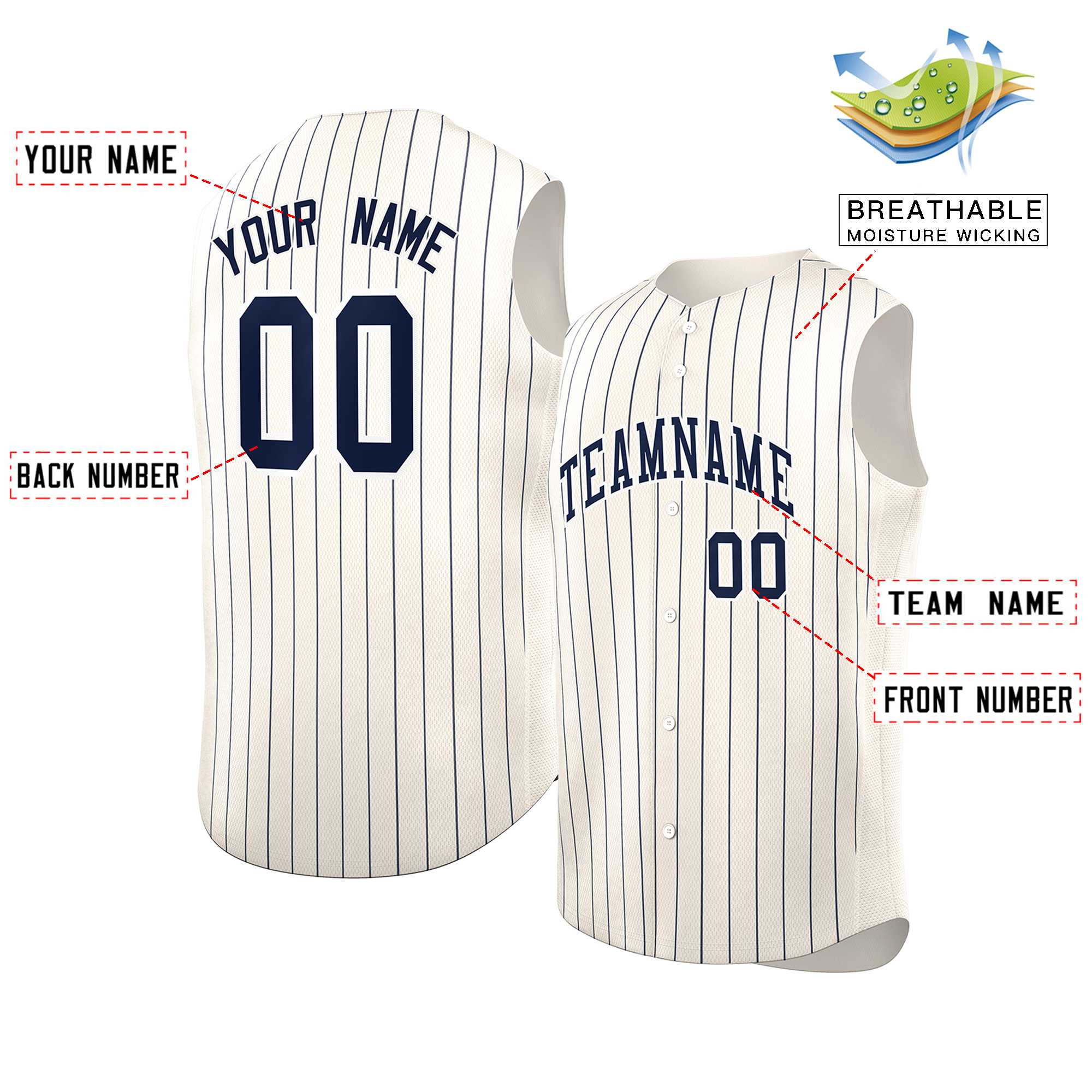 Maillot de baseball à rayures sans manches, personnalisé, crème, bleu marine et blanc, à la mode