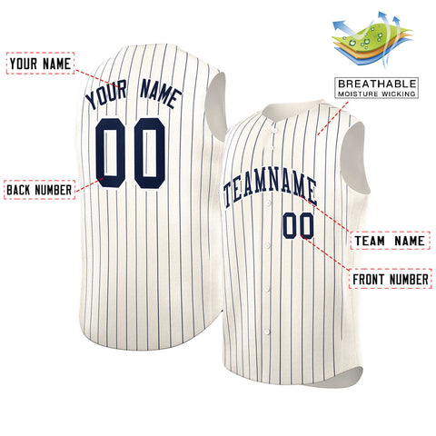 Custom Cream Navy-White Sleeveless Stripe Fashion Baseball Jersey