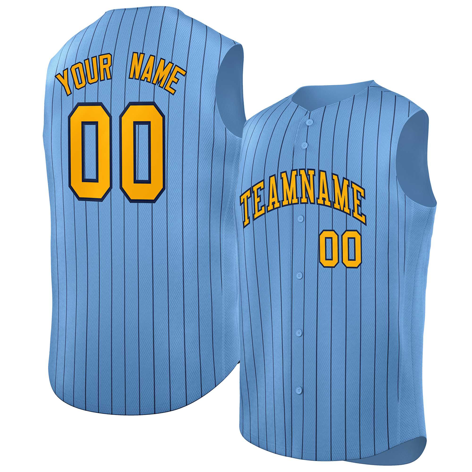 Custom Light Blue Yellow-Navy Sleeveless Stripe Fashion Baseball Jersey