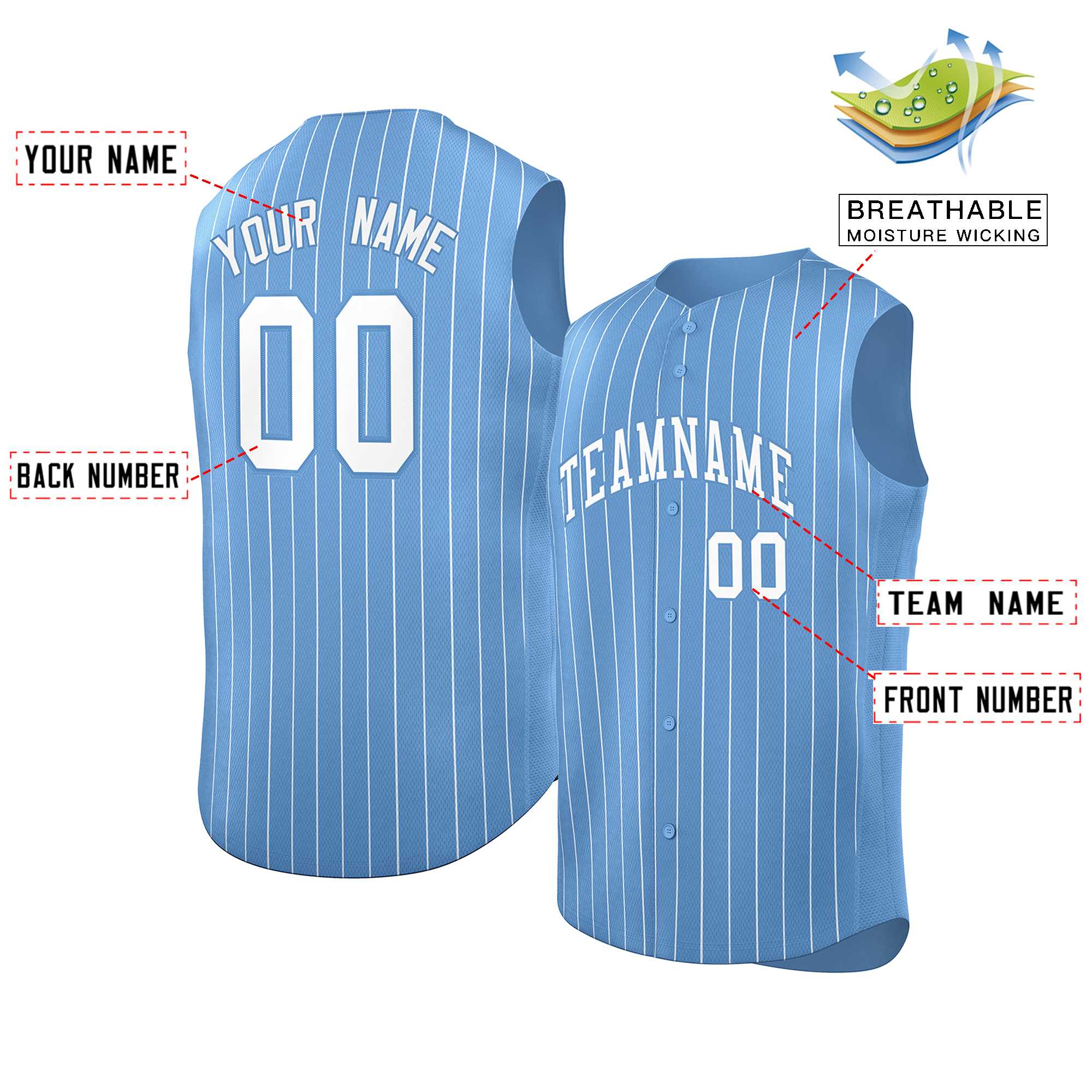 Maillot de baseball à rayures sans manches, personnalisé, bleu clair, blanc-bleu clair, à la mode