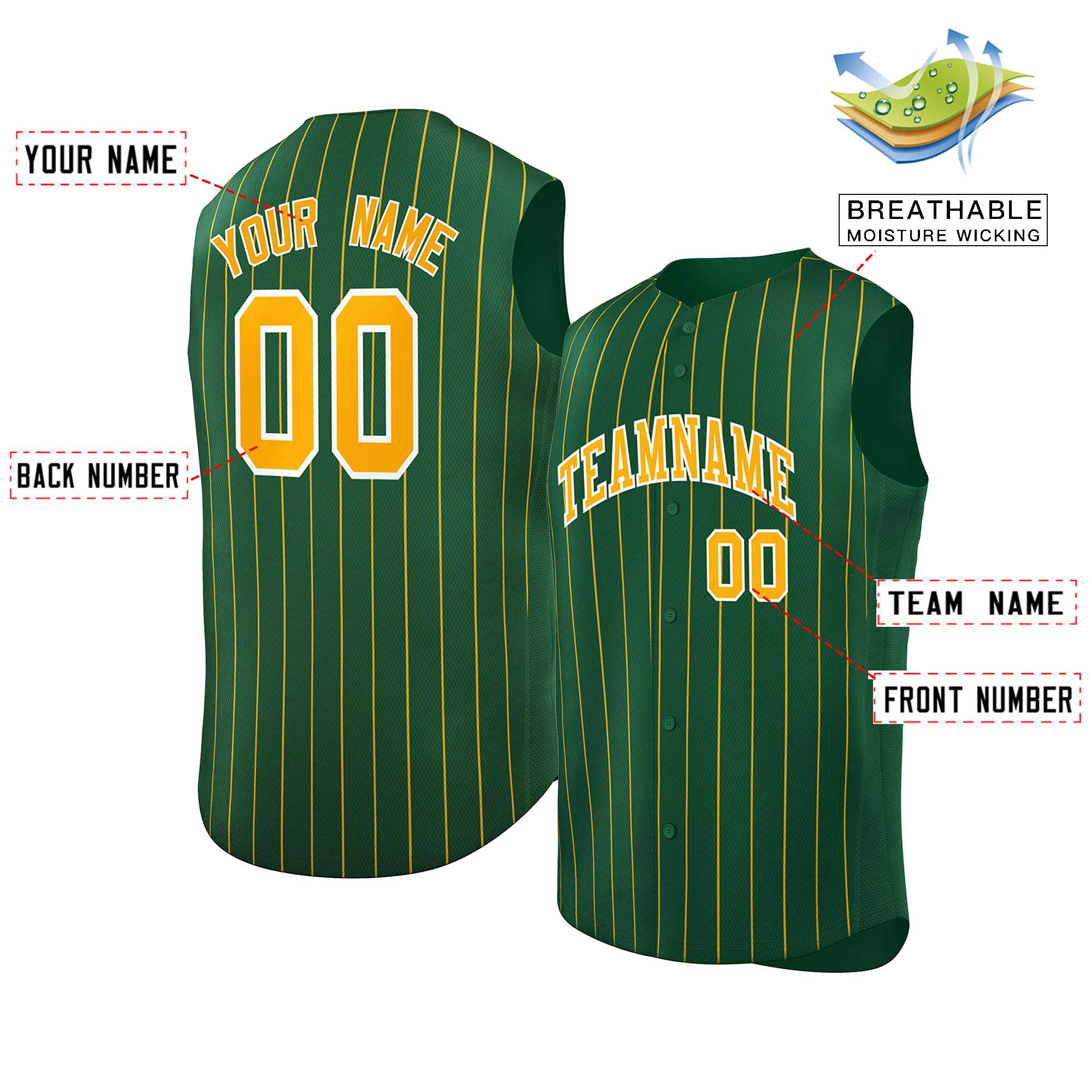 Maillot de baseball à rayures sans manches, personnalisé, vert, jaune et blanc, à la mode