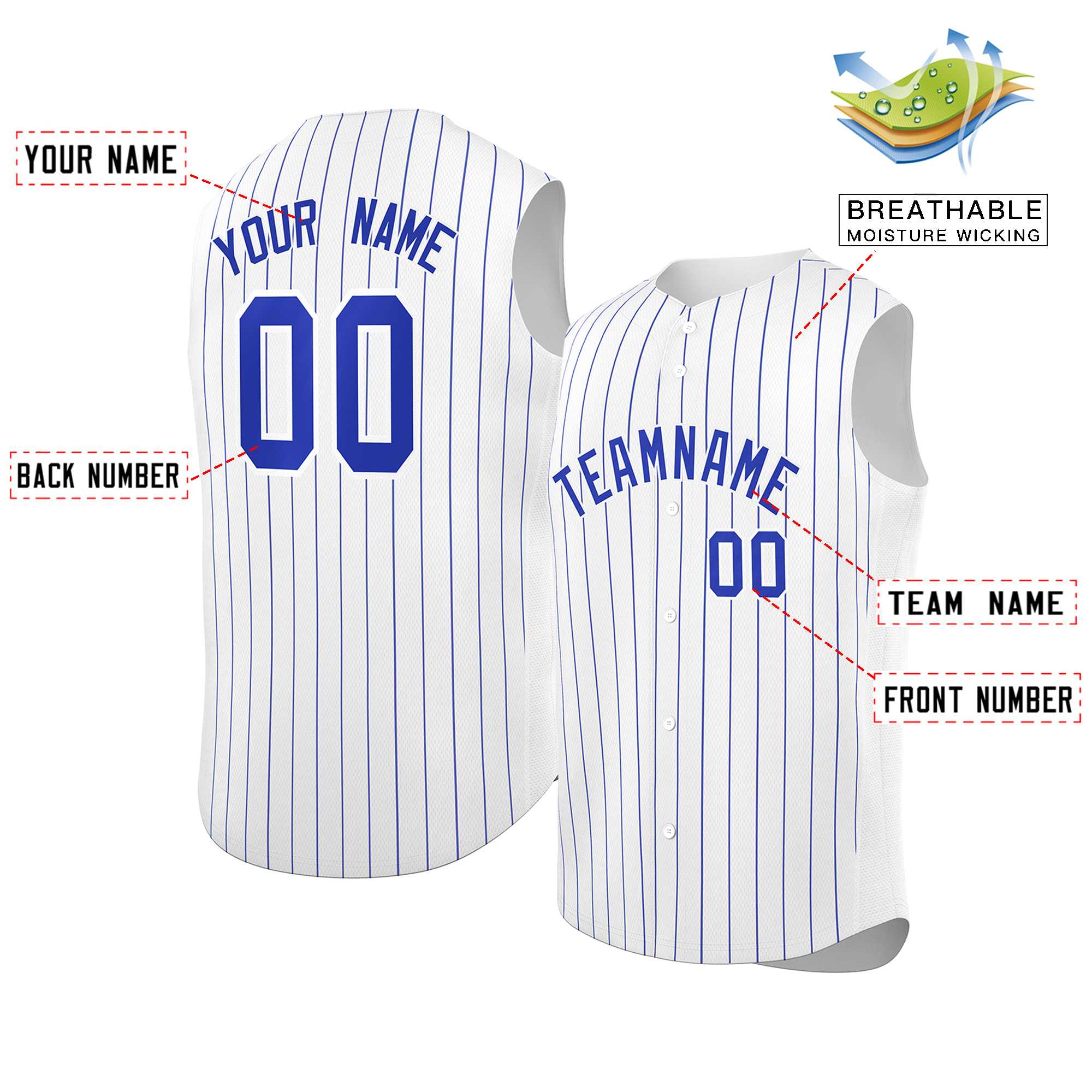 Maillot de baseball à rayures sans manches, blanc Royal-blanc personnalisé, à la mode