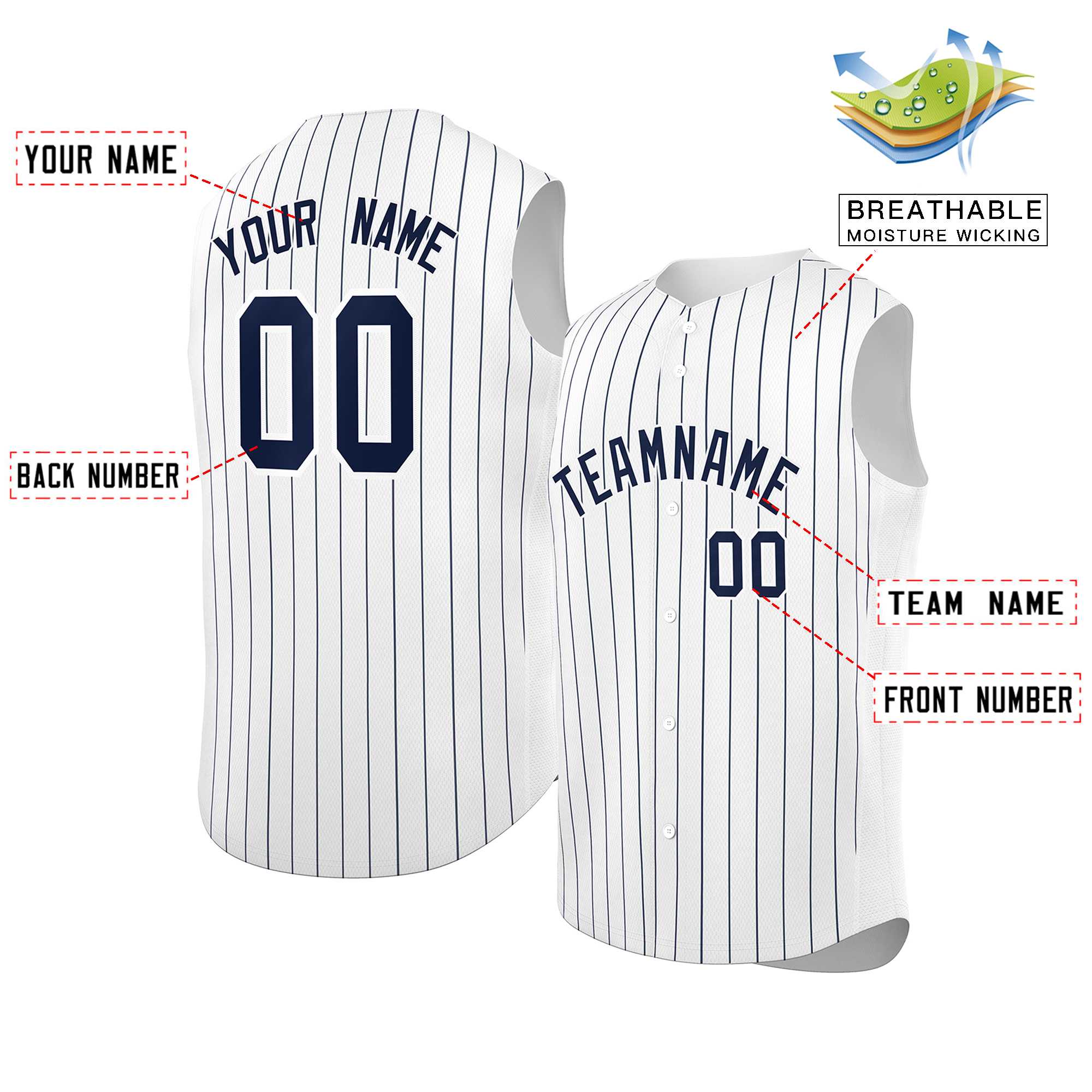 Maillot de baseball à rayures sans manches, personnalisé, blanc, bleu marine et blanc, à la mode