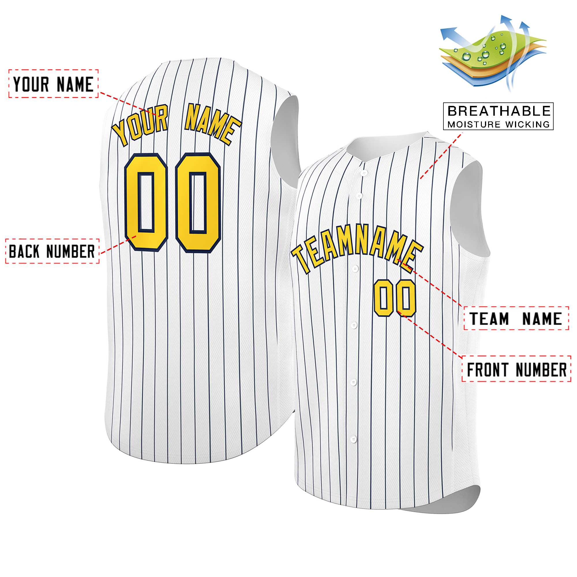 Maillot de baseball à rayures sans manches, personnalisé, blanc, or et marine, à la mode