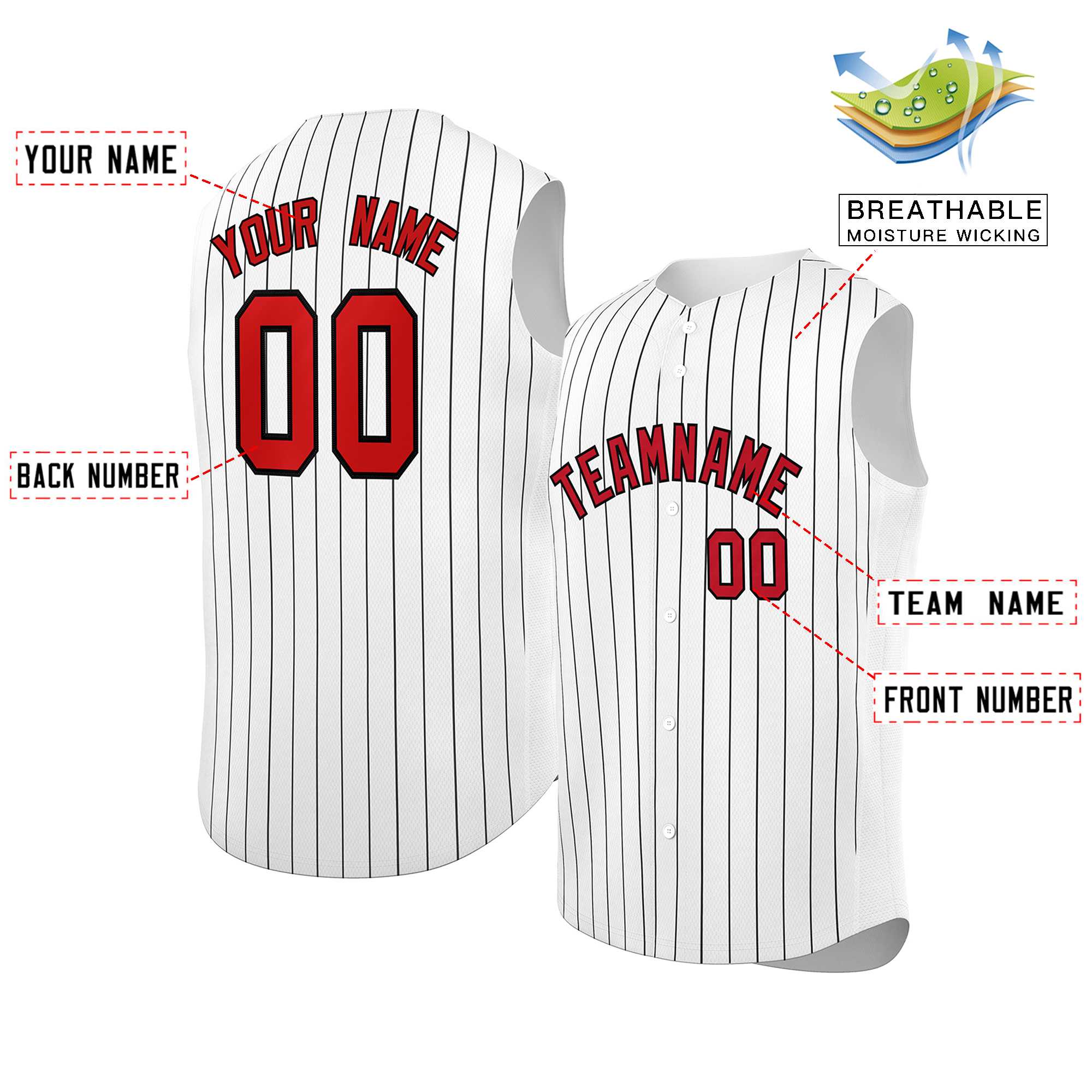 Maillot de baseball à rayures sans manches, personnalisé, blanc, rouge-noir, à la mode