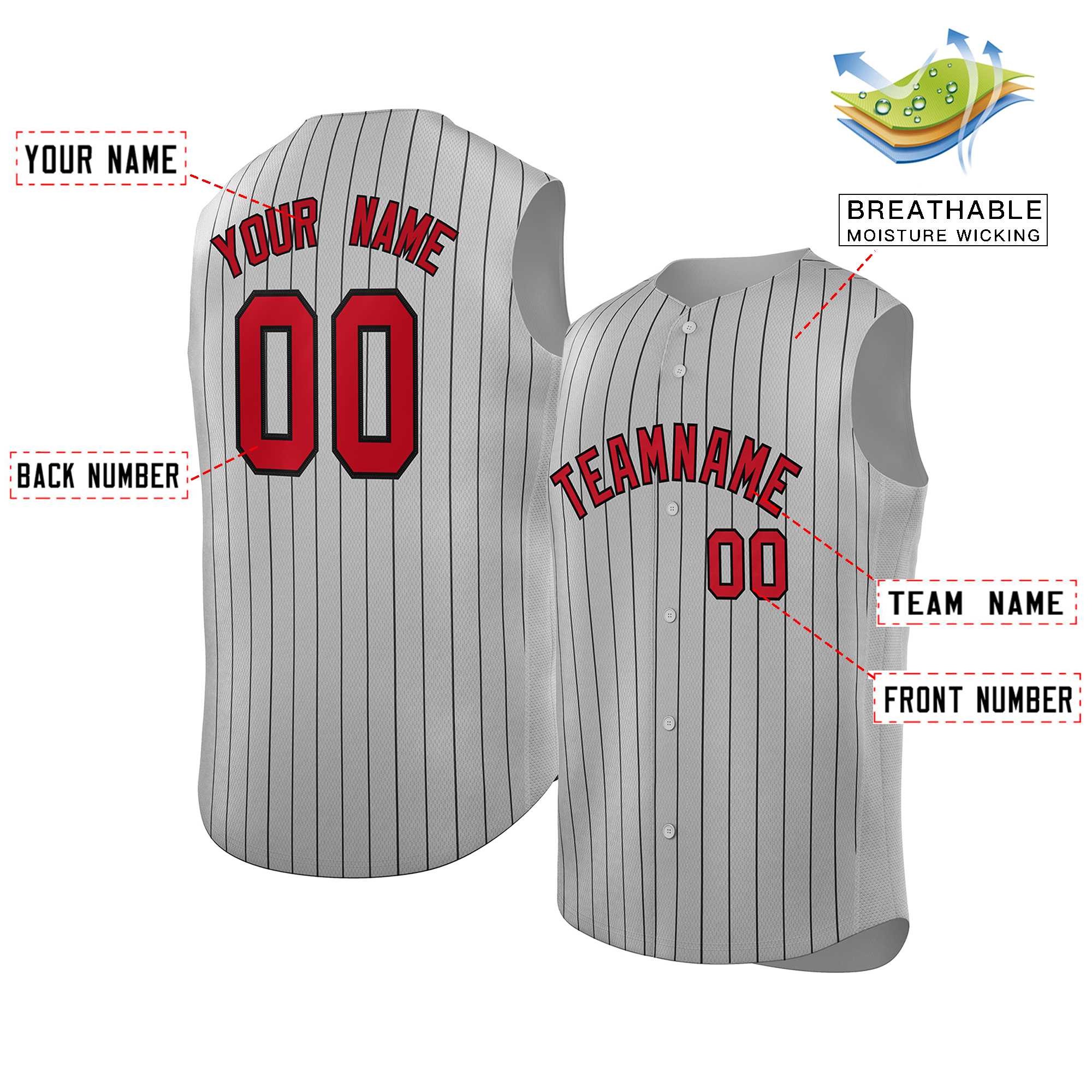 Custom Gray Red-Black Sleeveless Stripe Fashion Baseball Jersey