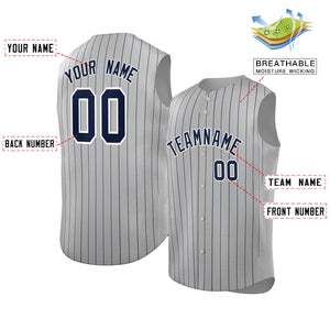 Custom Gray Navy-White Sleeveless Stripe Fashion Baseball Jersey