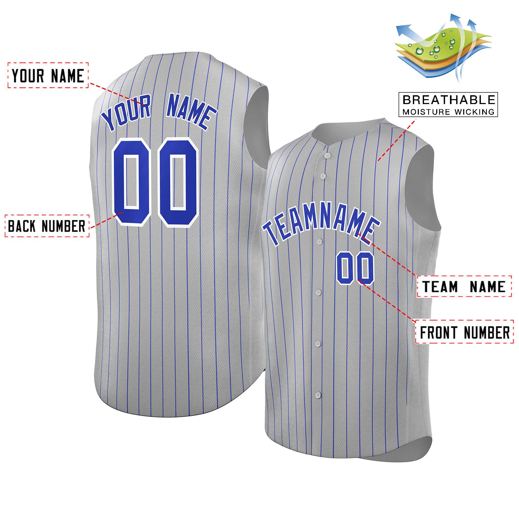 Maillot de baseball à rayures sans manches gris Royal-blanc personnalisé, à la mode