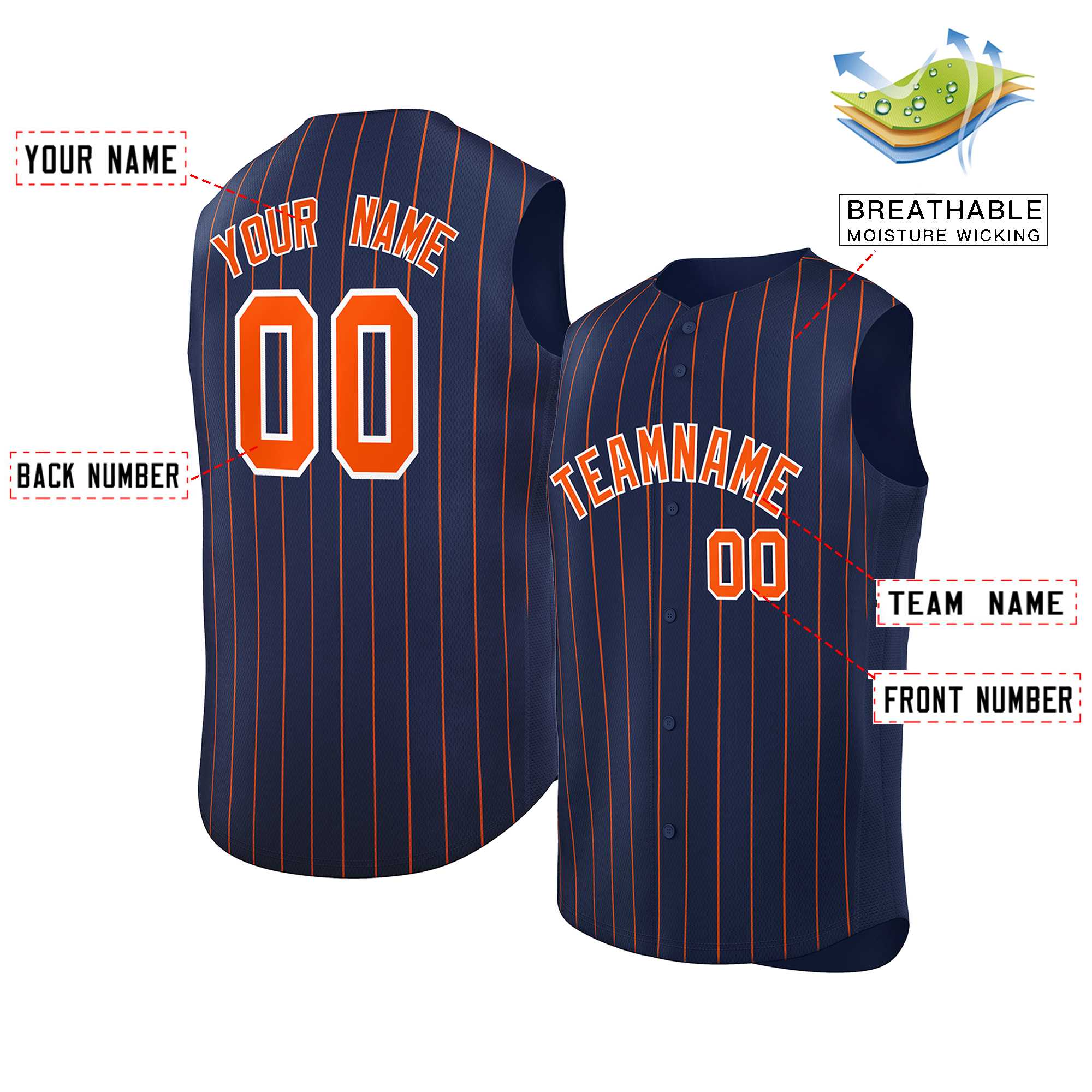 Maillot de baseball à rayures sans manches, personnalisé, bleu marine, Orange-blanc, à la mode