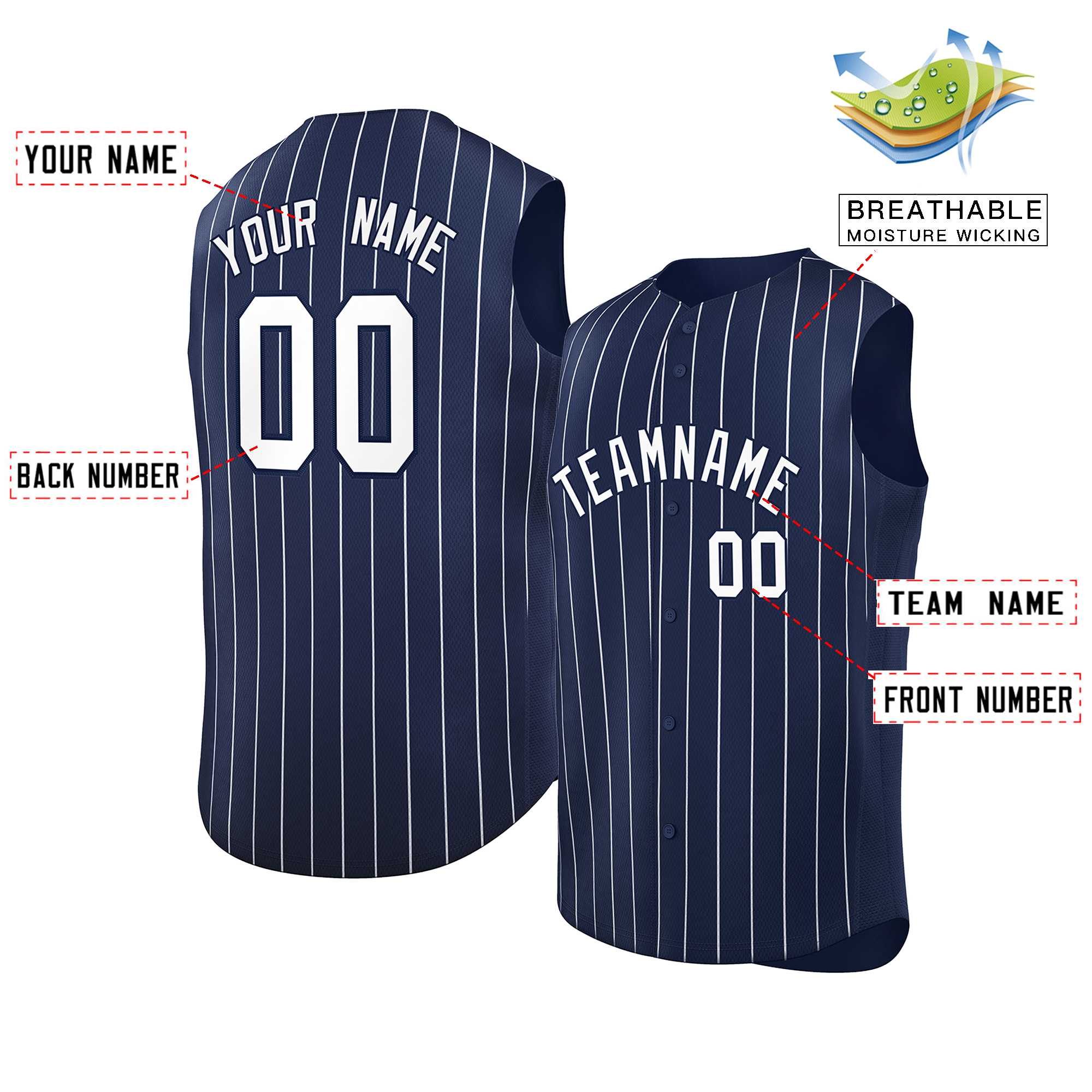 Custom Navy White-Navy Sleeveless Stripe Fashion Baseball Jersey