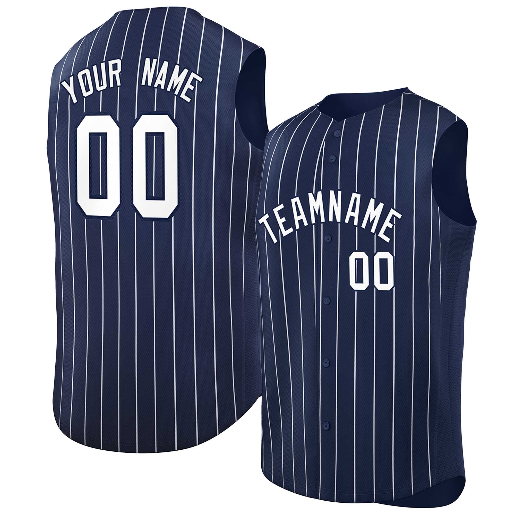 Custom Navy White-Navy Sleeveless Stripe Fashion Baseball Jersey