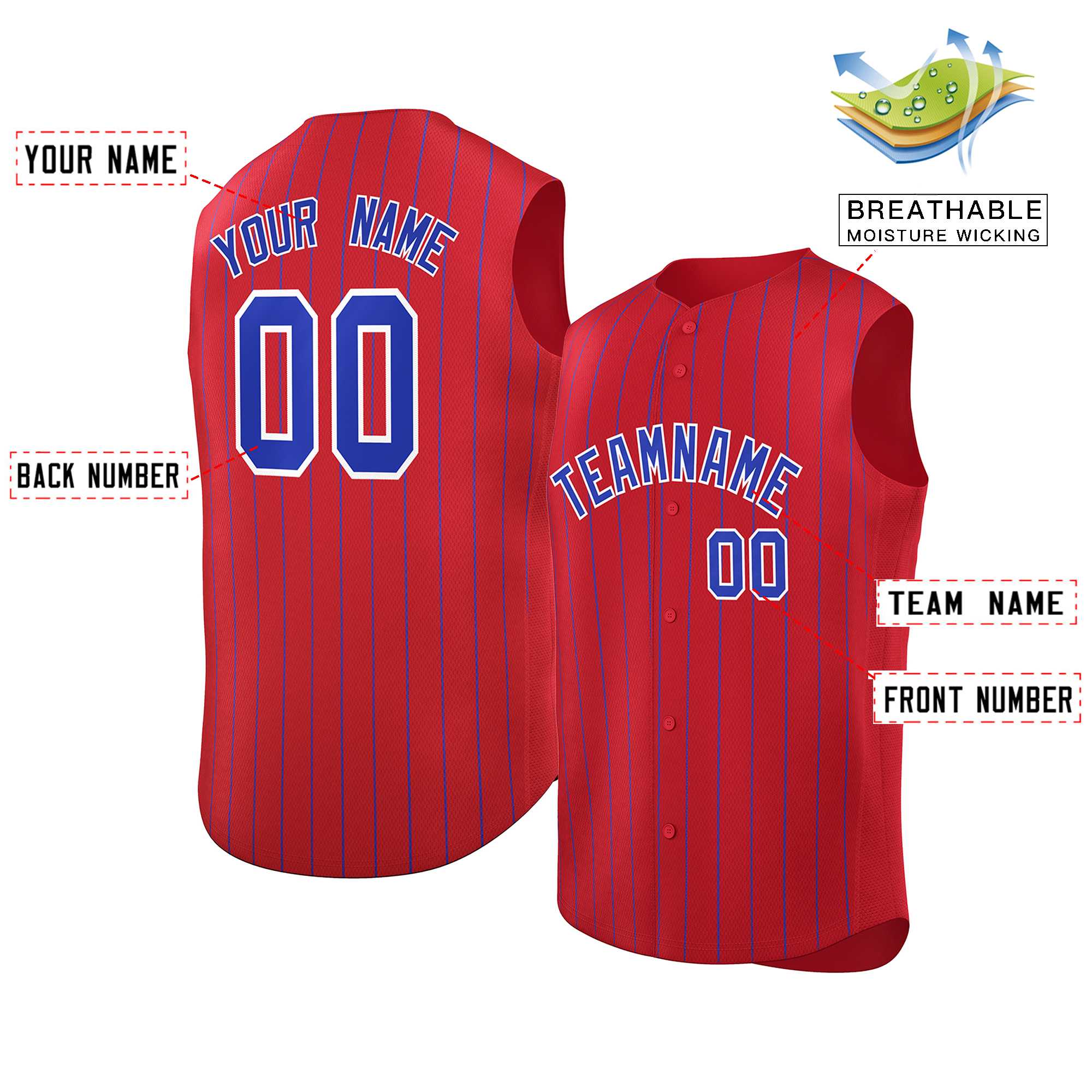 Maillot de baseball à rayures sans manches, rouge Royal-blanc personnalisé, à la mode