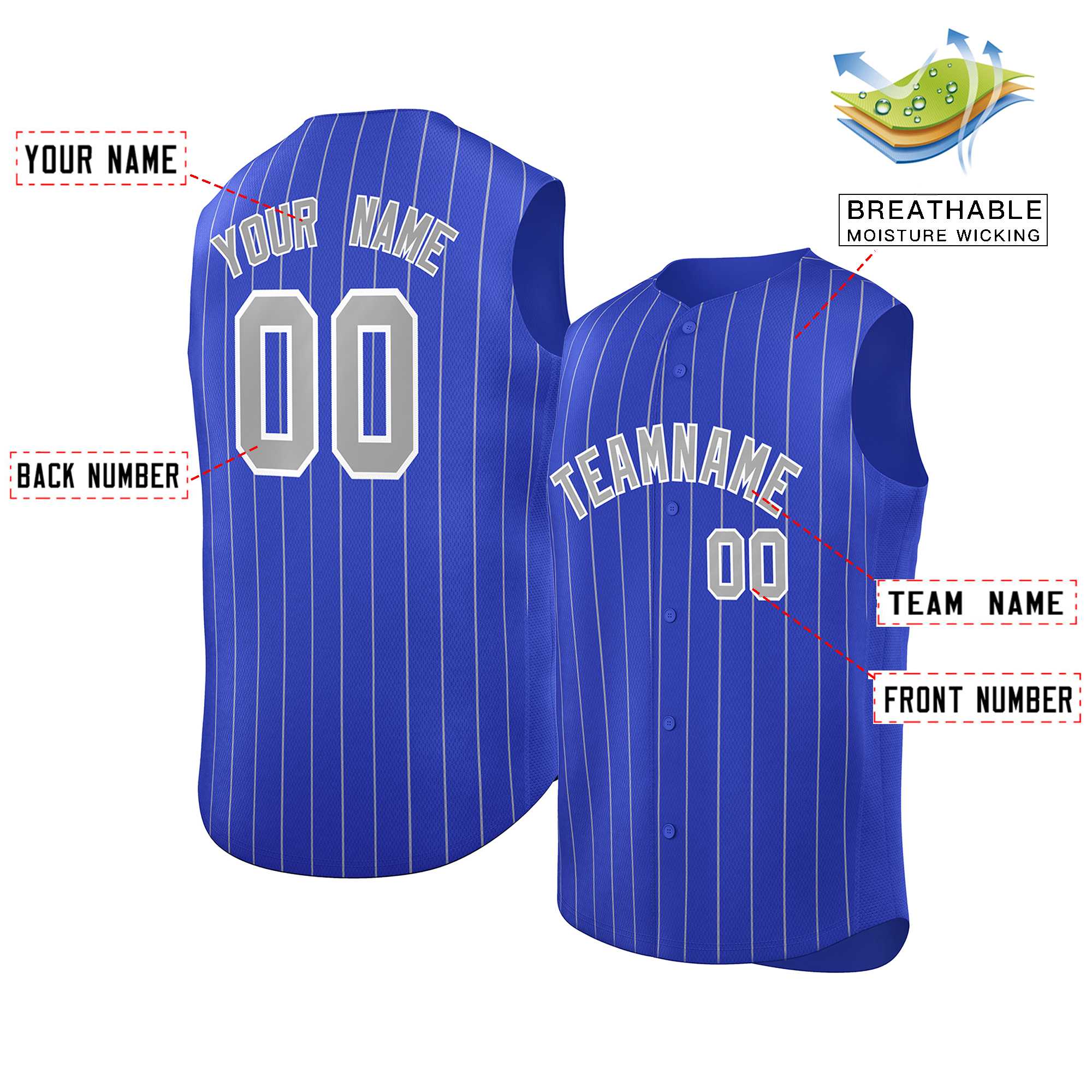 Maillot de baseball à rayures sans manches, personnalisé, Royal gris-blanc, à la mode