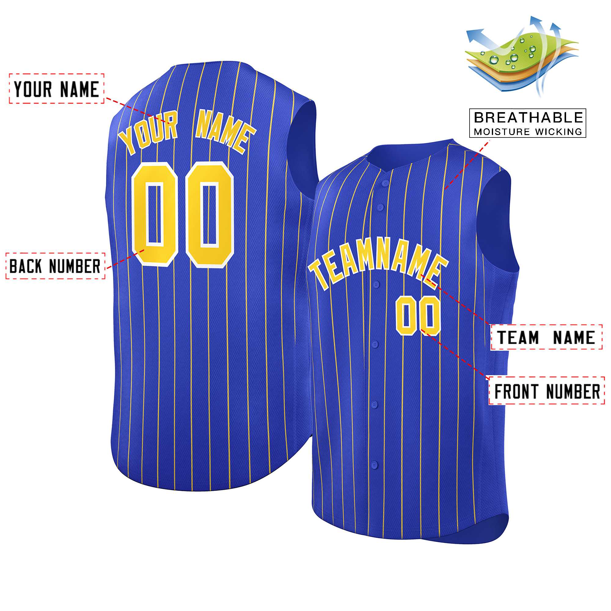 Maillot de baseball personnalisé à rayures sans manches Royal Gold-White