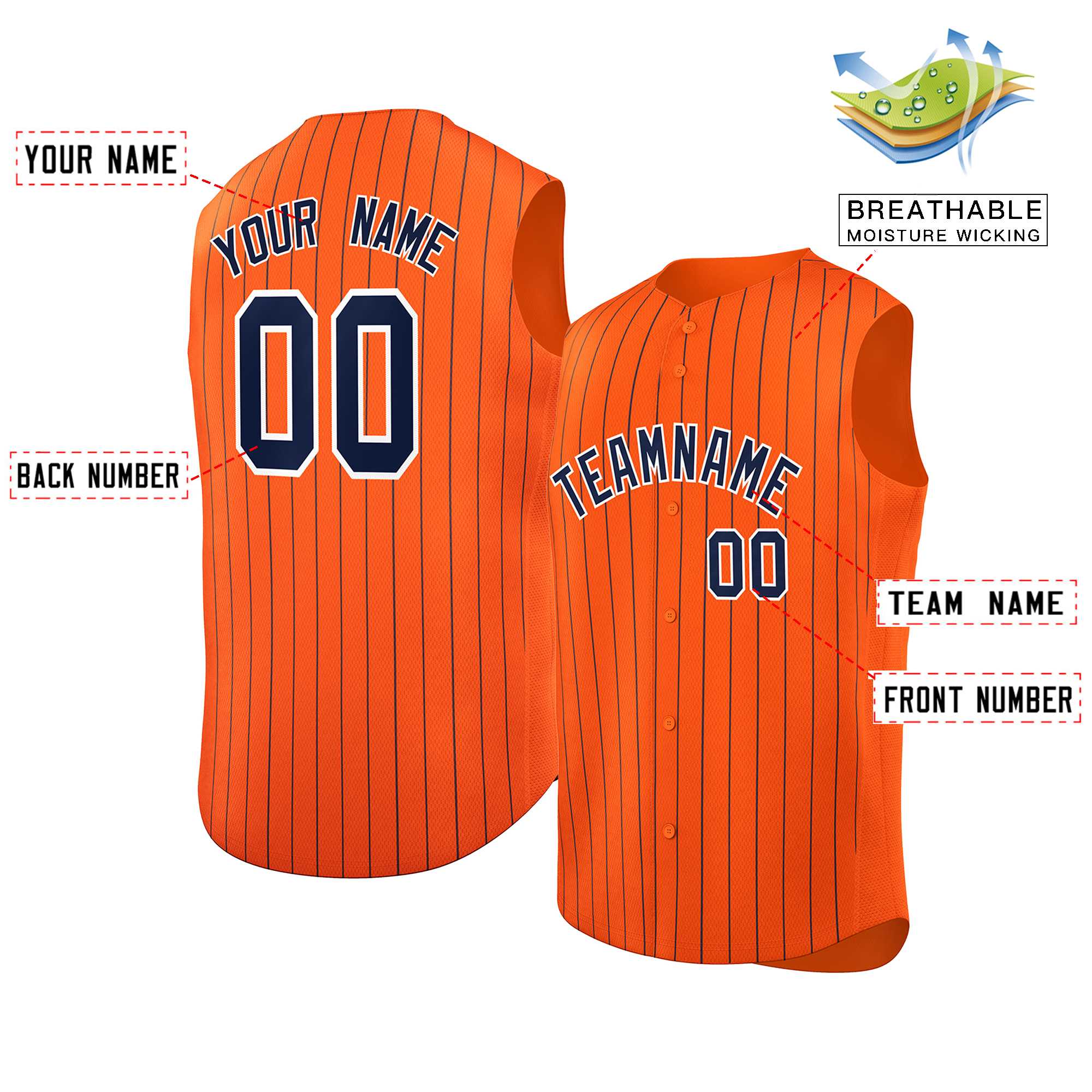 Maillot de baseball à rayures sans manches, personnalisé, Orange, marine et blanc, à la mode